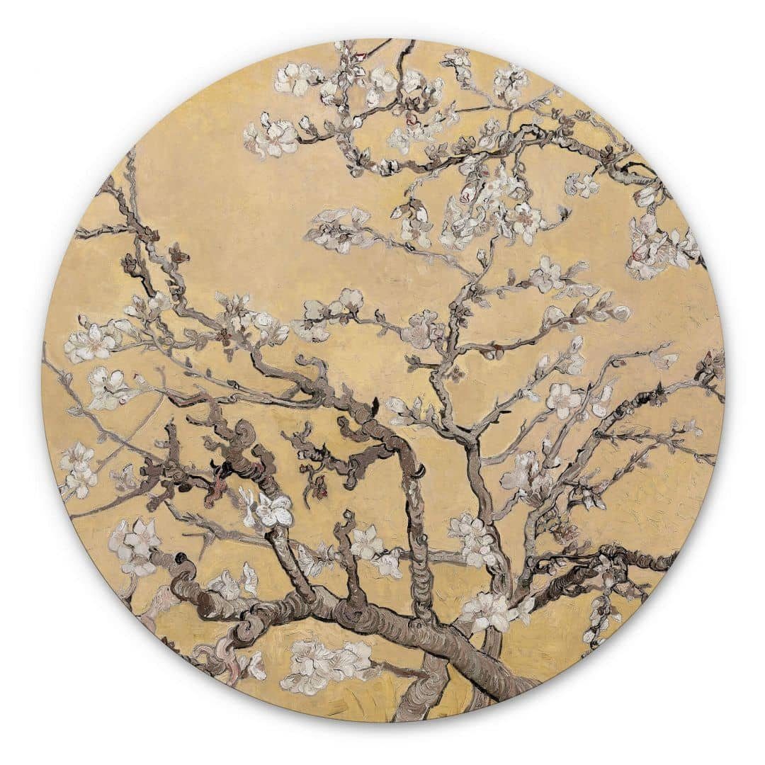 K&L Wall Art Alu-Dibond-Druck Metallbild rund Mandelblüte floral Vintage Blüten Deko van Gogh, Metalloptik Wandbild Ø 30cm, Metall Wandbild fürs Wohnzimmer Metallschild inkl. Wandhalterung