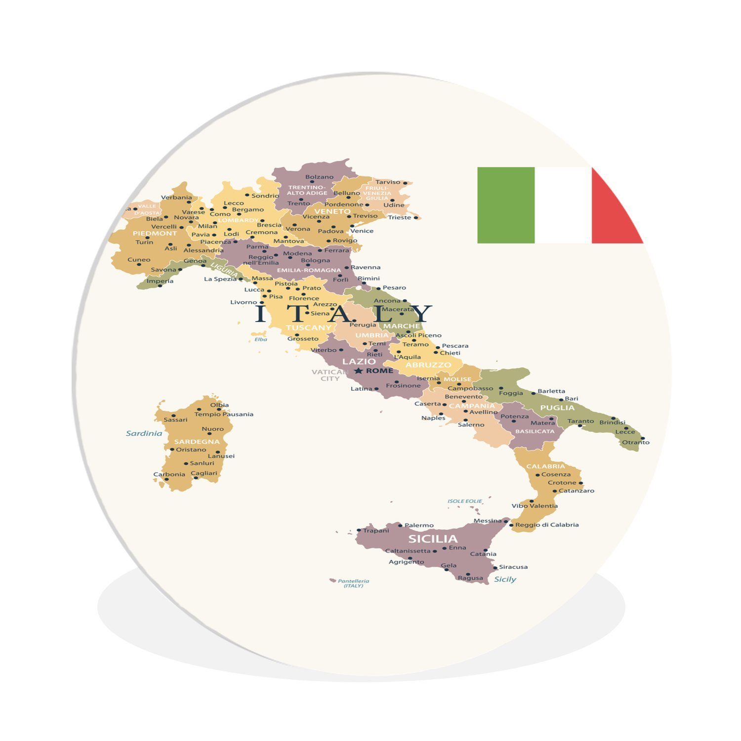 MuchoWow Gemälde Karte von Italien, (1 St), Kreis Wanddekoration Forex, Rundes Wandbild, Wohnzimmer, 30x30 cm