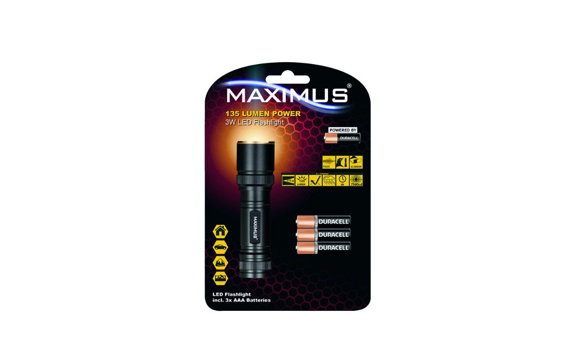 Maximus LED Taschenlampe USB Powerbankfunktion, Campinglaterne, SOS, Leuchtweite 126m - 235m, USB / Batterien