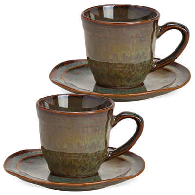 matches21 HOME & HOBBY Tasse Espresso-Tassen mit Untertassen 2er Set Modern Vintage, Keramik, Kleine Kaffee-Tassen Unterteller, Steingut, braun grün, 90 ml