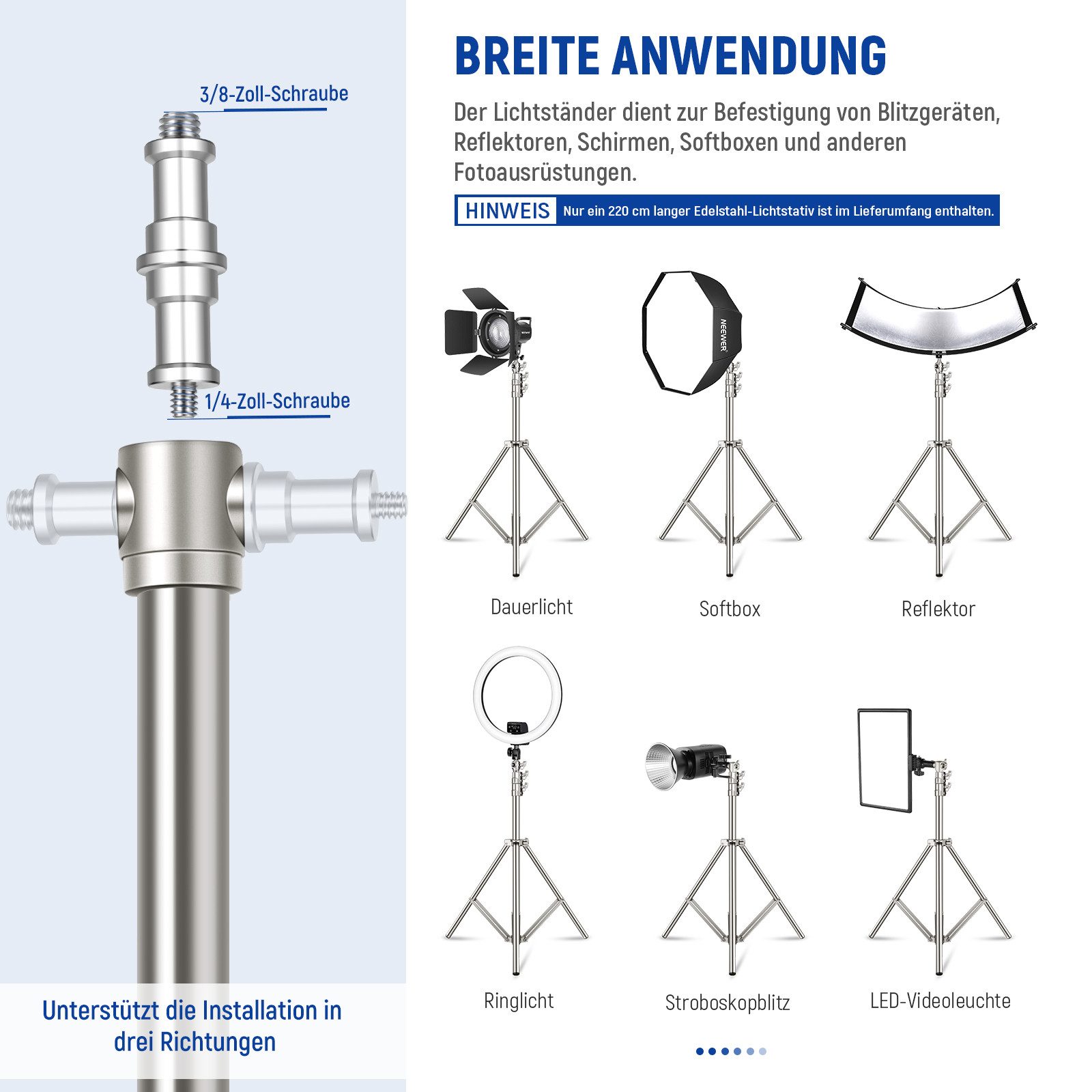 Neewer ST-220SS 2,2m Edelstahl Lichtständer, Höhenverstellbar 97-220 cm Lampenstativ (mit 1/4" bis 3/8" Schraubadapter, für Videoleuchte Ringlicht Softbox)