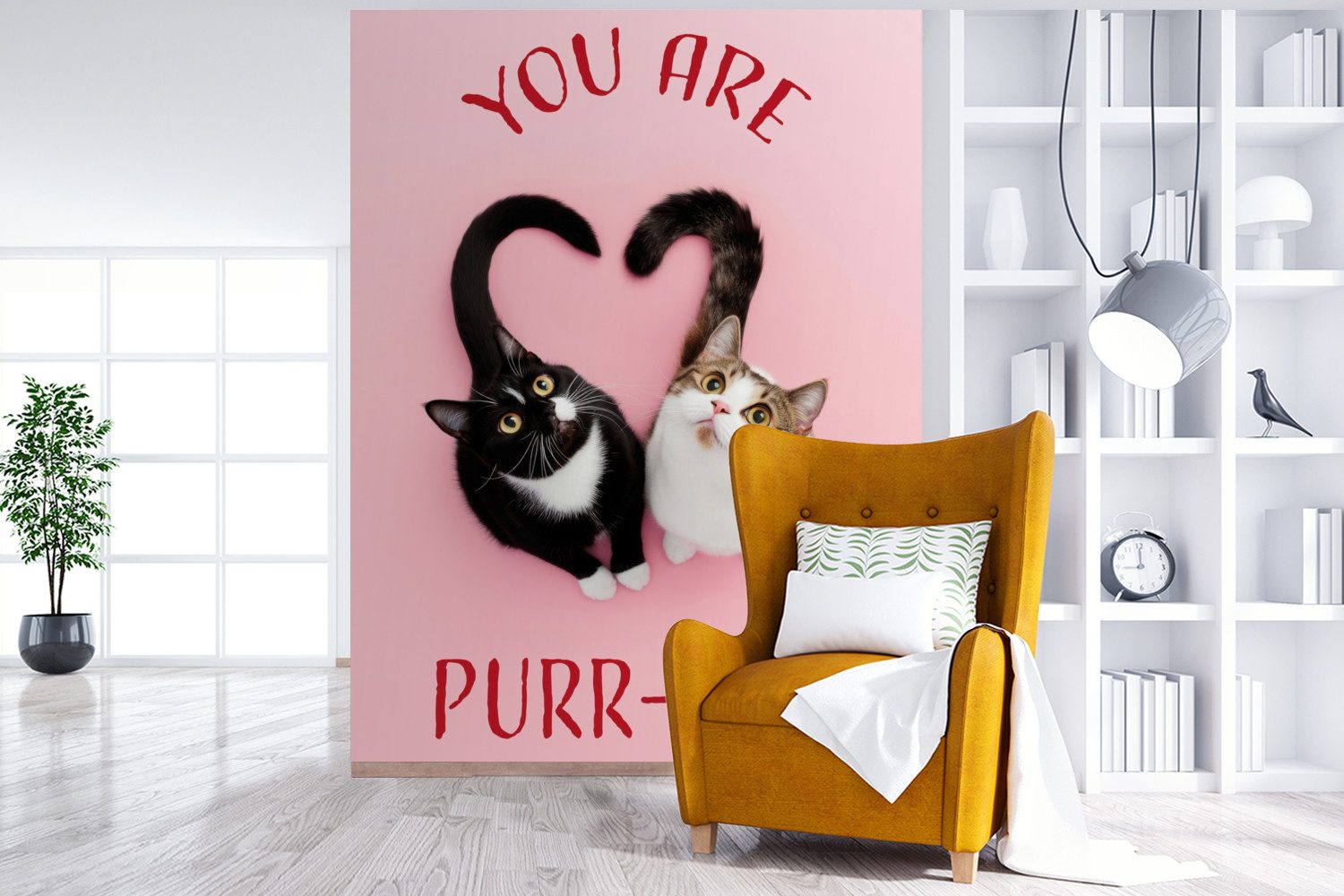 MuchoWow Fototapete Katze - Herz - Text - Valentinstag, Matt, bedruckt, Wallpaper für Wohnzimmer, Schlafzimmer, Vinyl Tapete, 165x220 cm