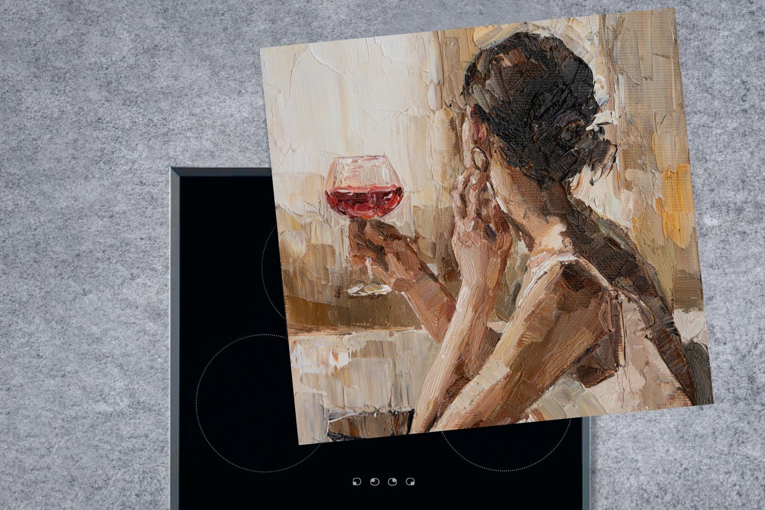 MuchoWow Herdblende-/Abdeckplatte Gemälde - (1 - cm, für Ceranfeldabdeckung, tlg), 78x78 Wein, Arbeitsplatte küche Vinyl, Ölfarbe - Frau