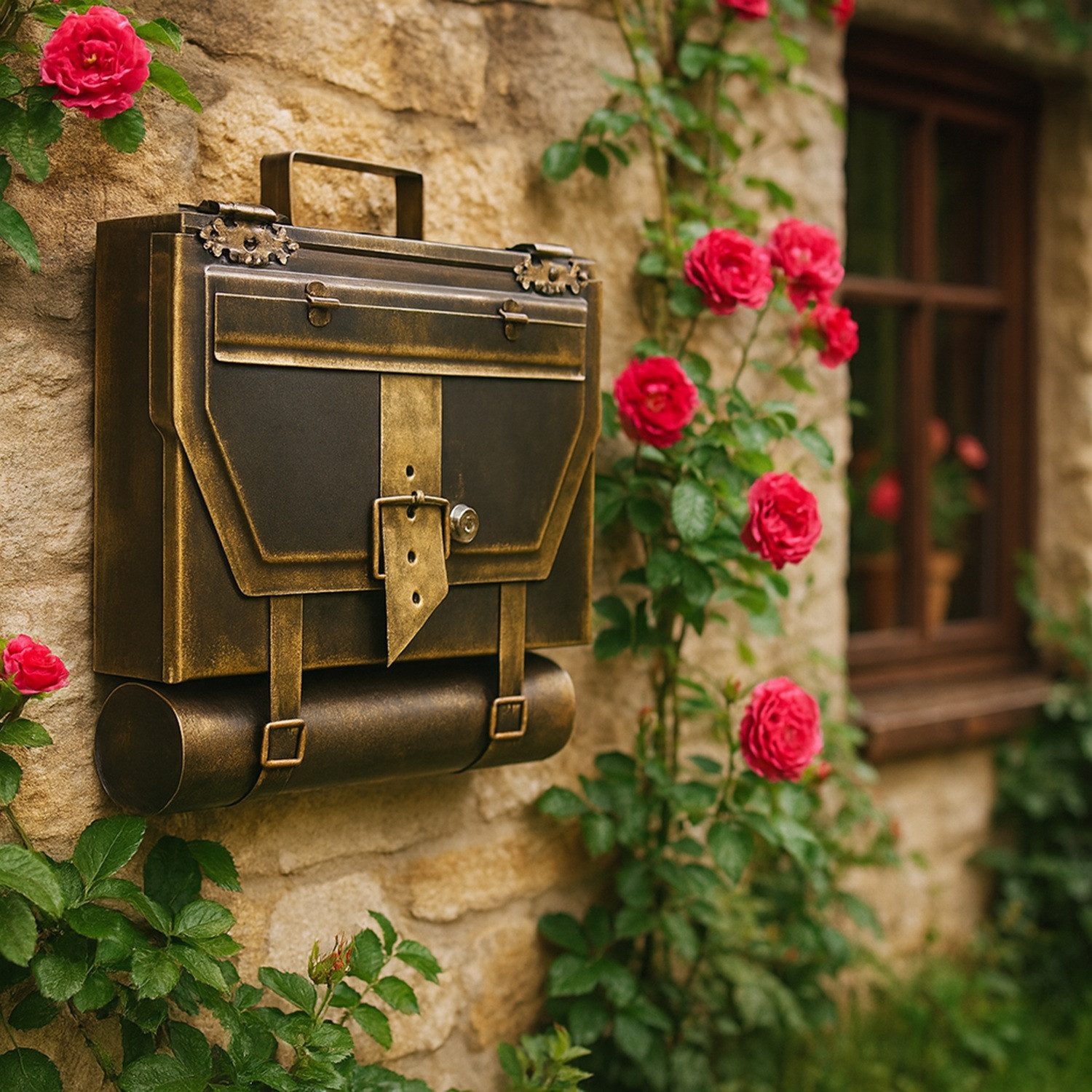 HMF Wandbriefkasten Briefkasten mit Zeitungsfach Antik UNIKAT im Aktentasche Design, Postkasten, 40 x 25 x 8 cm, Gold-Schwarz