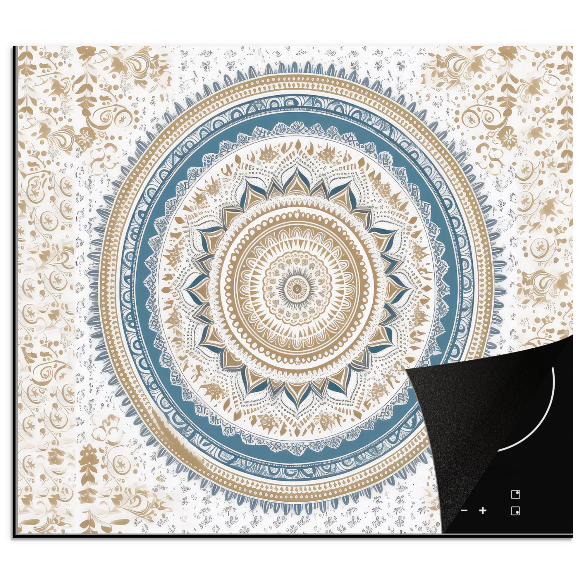 MuchoWow Herdblende-/Abdeckplatte Mandala - Blau - Bohème - Weiß - Design, Vinyl, (1 tlg), 60x52 cm, Mobile Arbeitsfläche nutzbar, Ceranfeldabdeckung