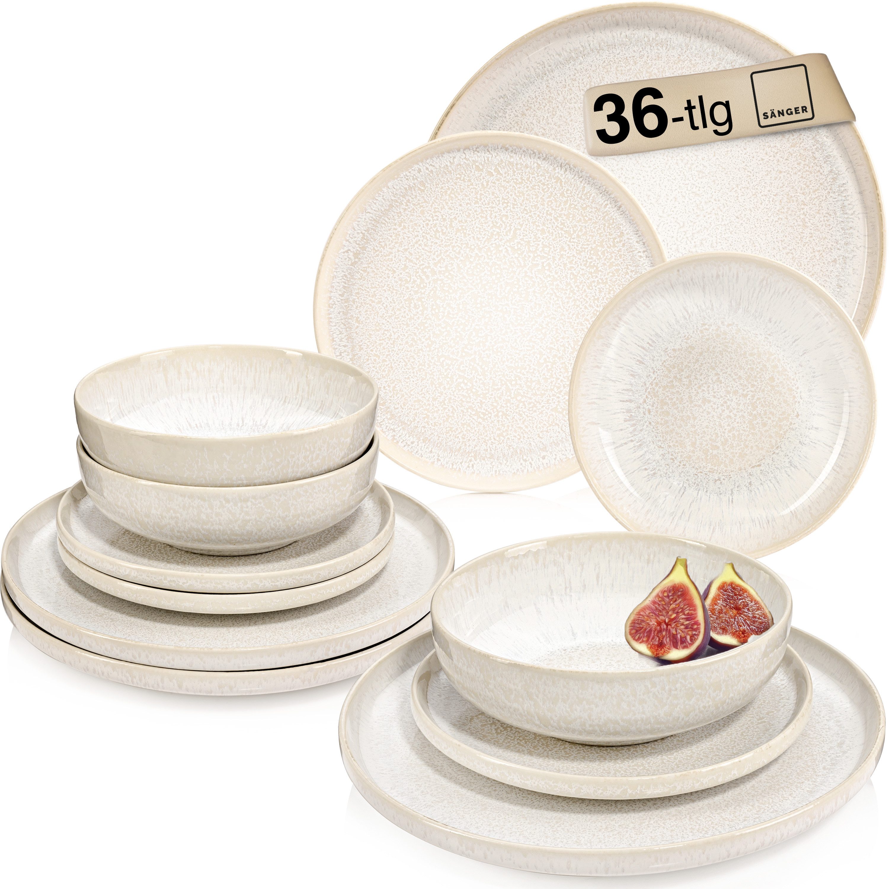 SÄNGER Tafelservice Korfu Geschirrset (36-tlg), 4 Personen, Steingut, Tafelservice, Creme Farben, Handmade, Premium Collection