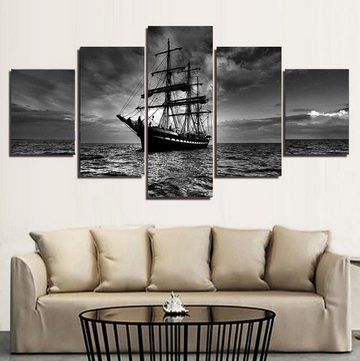 TPFLiving Kunstdruck (OHNE RAHMEN) Poster - Leinwand - Wandbild, 5 teiliges Wandbild - Segelschiff auf hoher See (Leinwandbild XXL), Farben: Schwarz, Weiß - Größe: 10X15 10X20 10X25cm