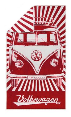 VW Collection by BRISA Strandtuch Volkswagen Badetuch im VW T1 Bulli Bus Design, Frotteevelours (1-St), rotes Duschtuch mit Aufhänger