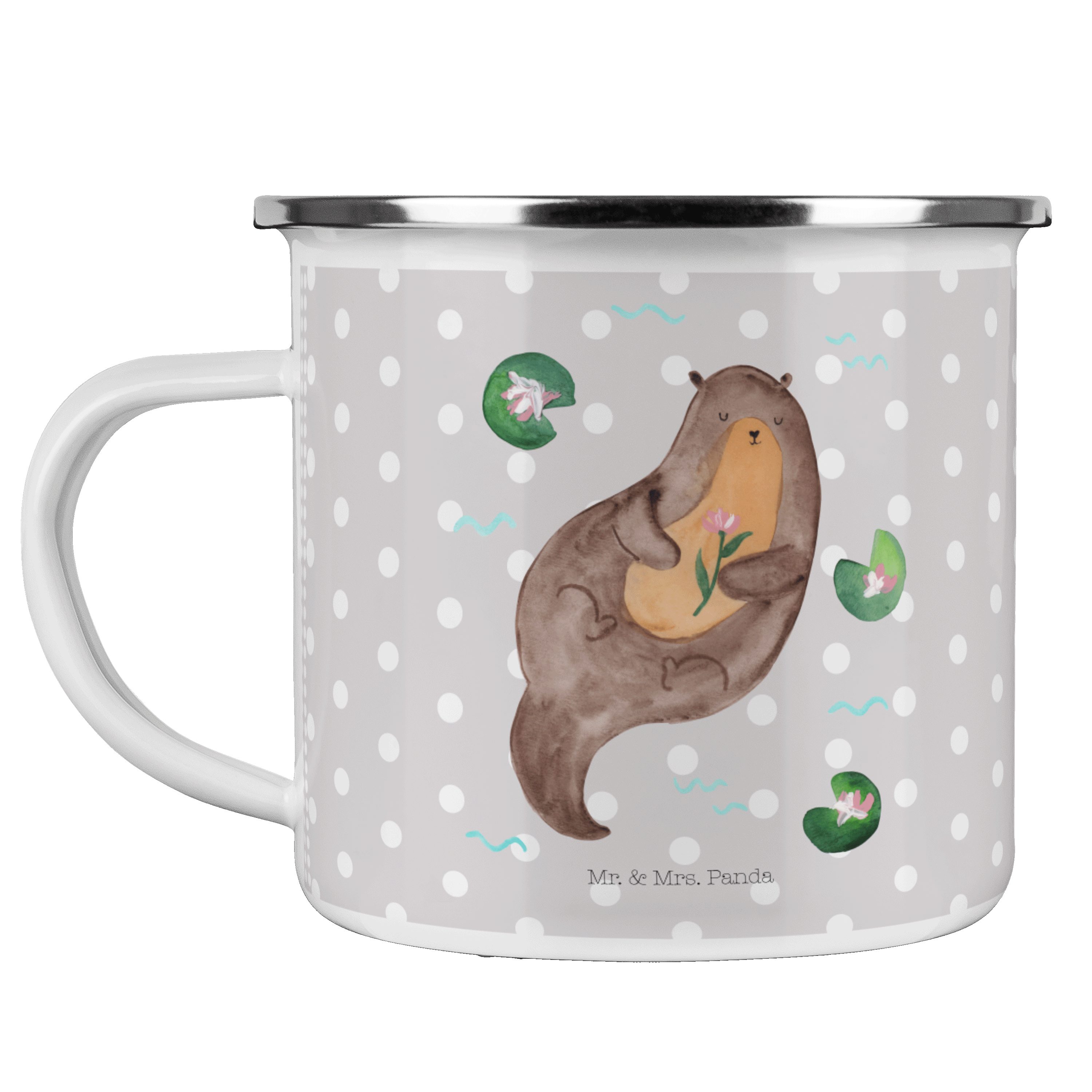 Mr. & Mrs. Panda Becher Otter mit Seerose - Grau Pastell - Geschenk, Seeotter, Otter Seeotter, Emaille