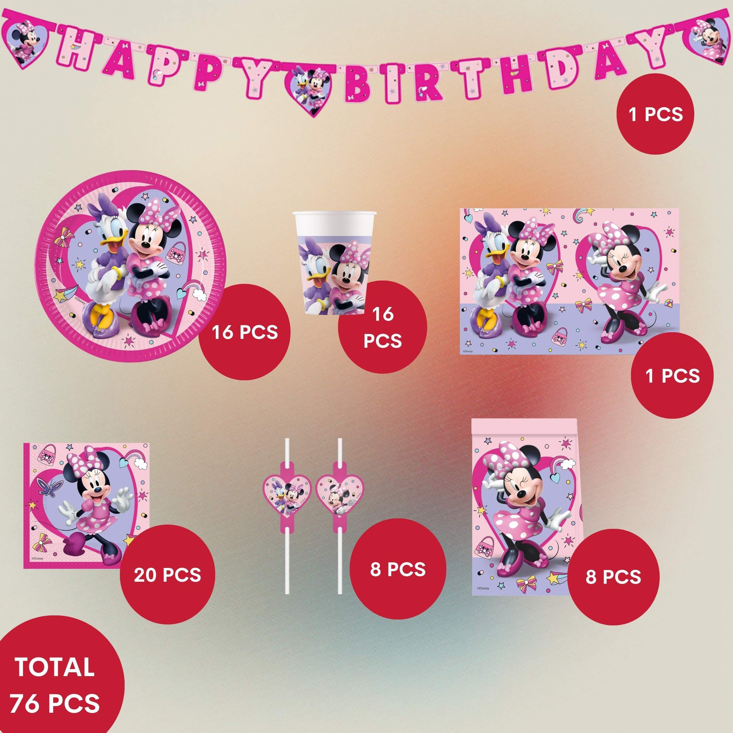 Procos Einweggeschirr-Set 70-tlg. Minnie Junior Party Set für Kindergeburtstag, 16 Personen
