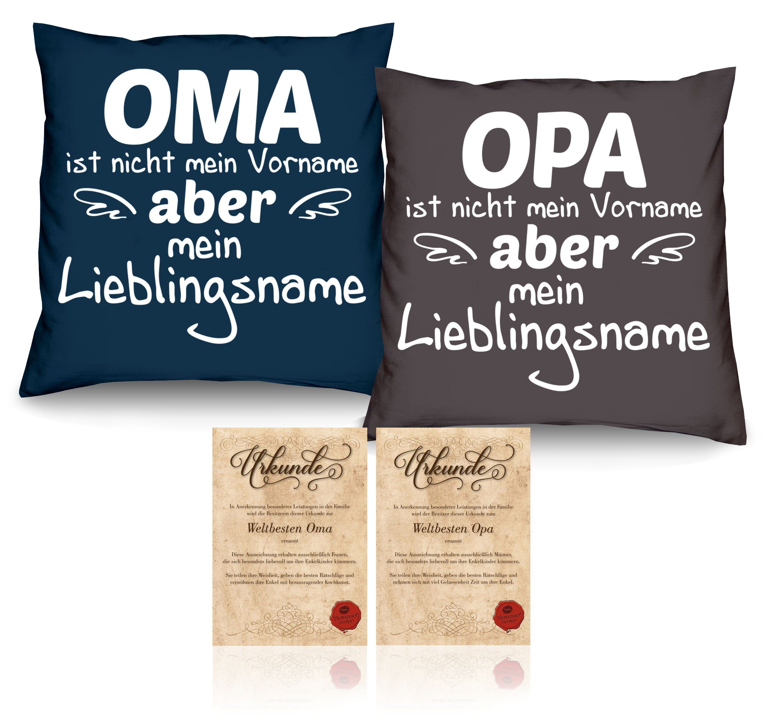 Opa anthrazit Dekokissen Lieblingsname Urkunden, Lieblingsname Oma Kissen-Set Soreso® Großeltern für Weihnachtsgeschenk mit