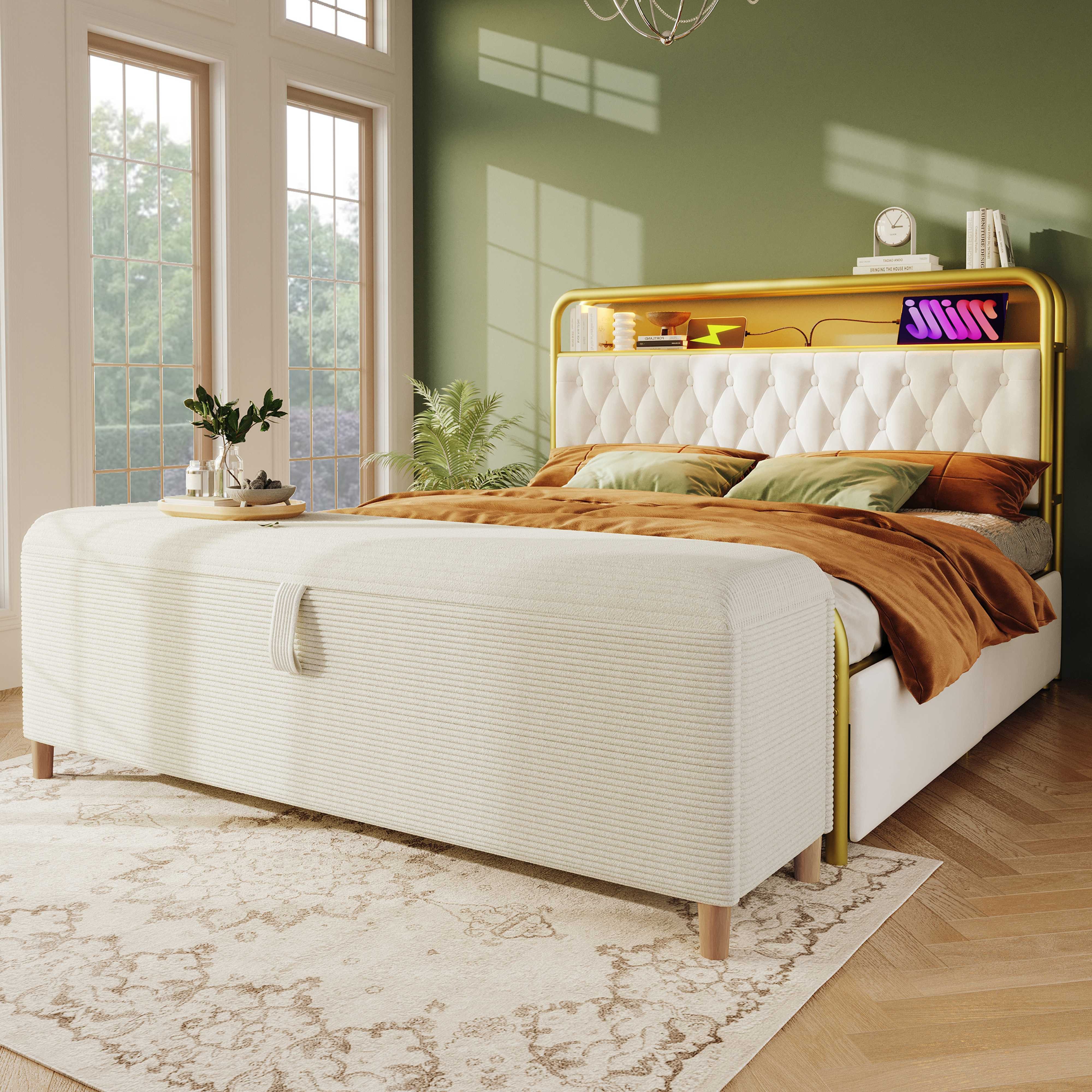 BlingBin Bettbank (1-St., 145 x 38 cm mit hydraulischem Stauraum – Cordstoff, Massivholz & MDF), Beige, 200 kg Tragkraft, Modernes Design für Schlafzimmer