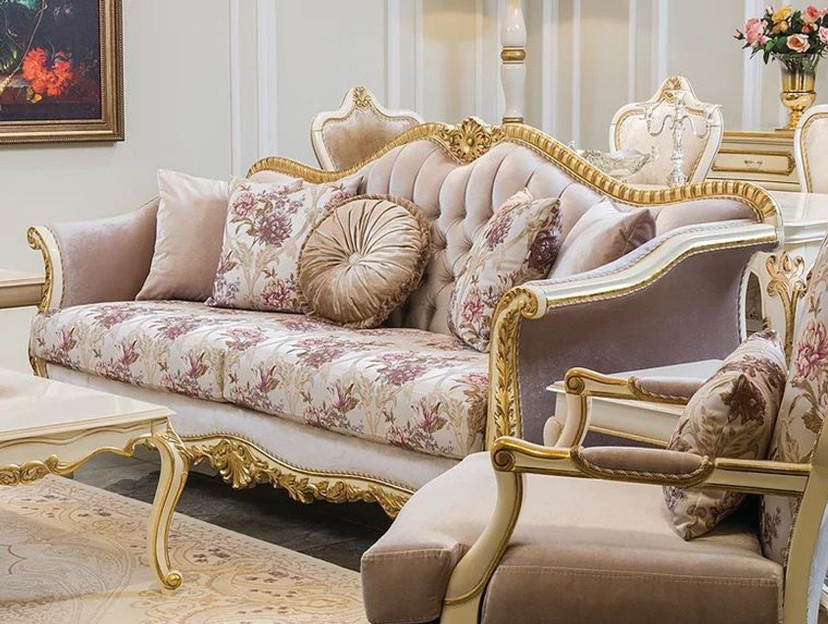 Casa Padrino Sofa Luxus Barock Sofa Rosa / Weiß / Gold 228 x 88 x H. 108 cm - Edles Wohnzimmer Sofa mit Blumenmuster und dekorativen Kissen - Barock Wohnzimmer Möbel