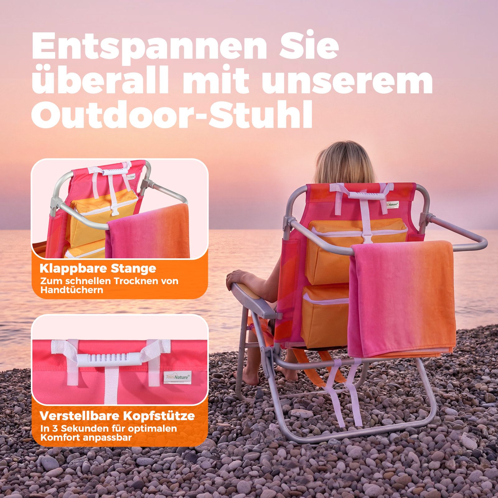 HOMECALL Klappstuhl Strandstuhl Leicht Klappbar Camping, 5-fach verstellbare Rückenlehne (Bis150KG Aluminiumrahmen, groBe Kuhitasche und Aufbewahrungstasche, 2  – Bild 5 von 5