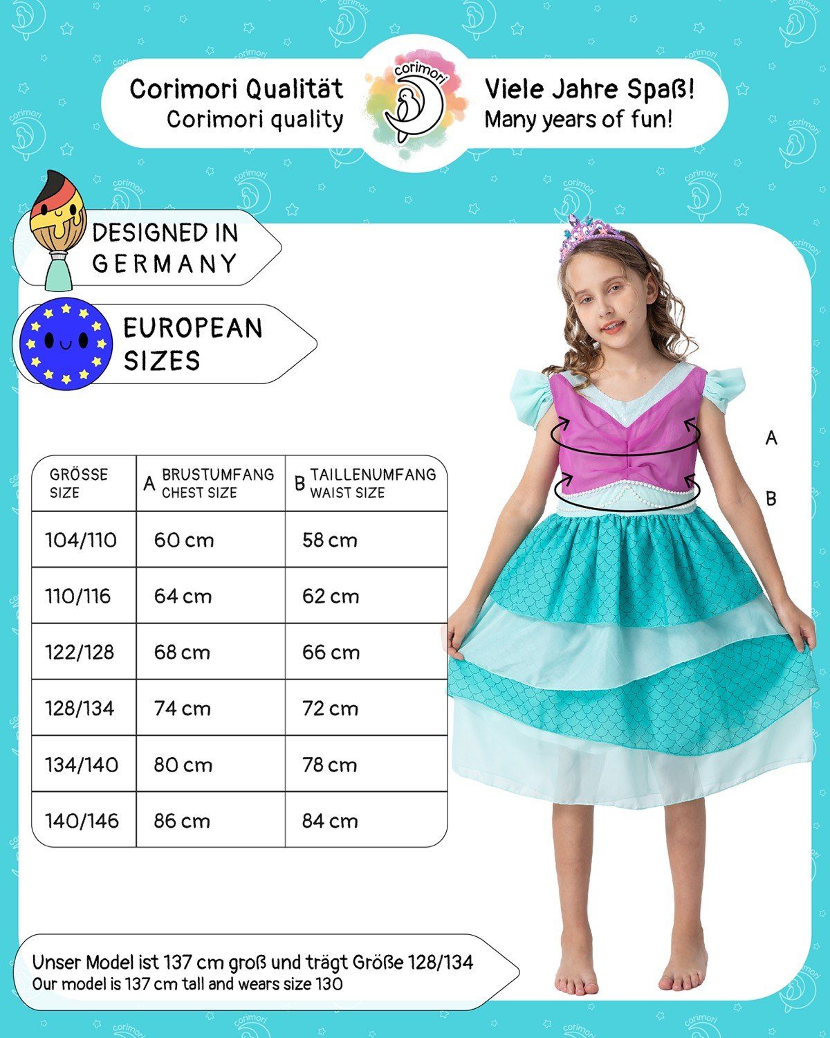 Corimori Prinzessin-Kostüm Meerjungfrau Kleid für Kinder mit Tattoos & Diadem, Meerjungfrauen - Kostüm Kleid für Karneval, türkis, Größe 110/116