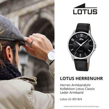 Lotus Quarzuhr Lotus Herren-Armbanduhr schwarz Analog, (Analoguhr), Herren Armbanduhr rund, groß (ca. 41mm), Lederarmband schwarz