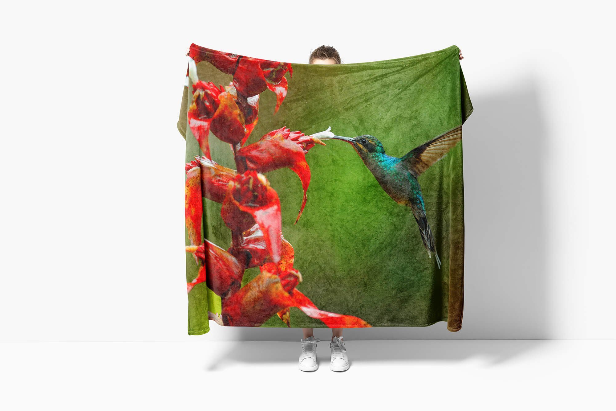 Sinus Art Handtuch Strandhandtuch Baumwolle-Polyester-Mix Kuscheldecke Handtuch Handtücher Exot, Saunatuch (1-St), Blume mit Kolibri Tiermotiv
