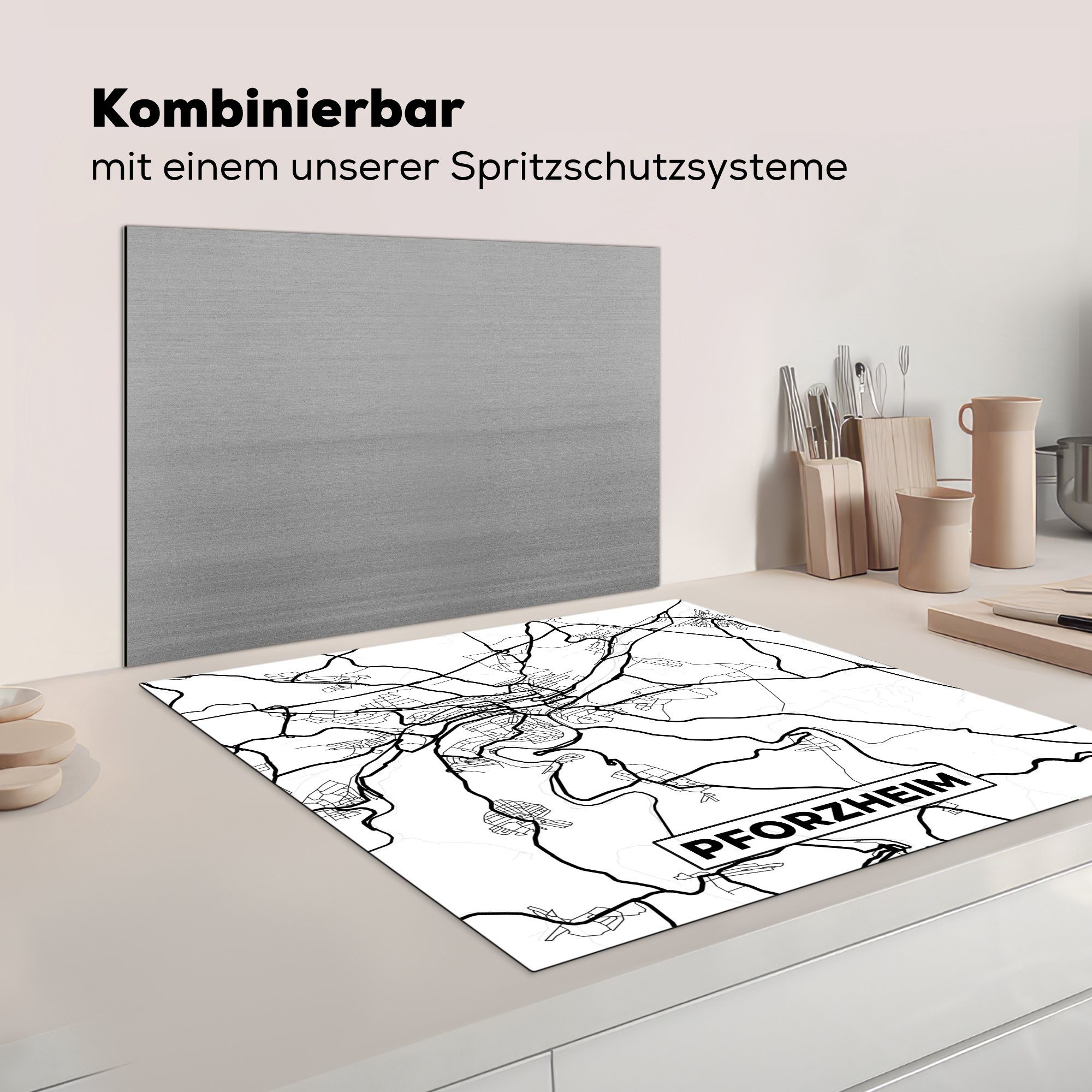 küche Ceranfeldabdeckung, Pforzheim Herdblende-/Abdeckplatte - Karte Arbeitsplatte tlg), Stadtplan, 78x78 MuchoWow (1 Vinyl, cm, für -