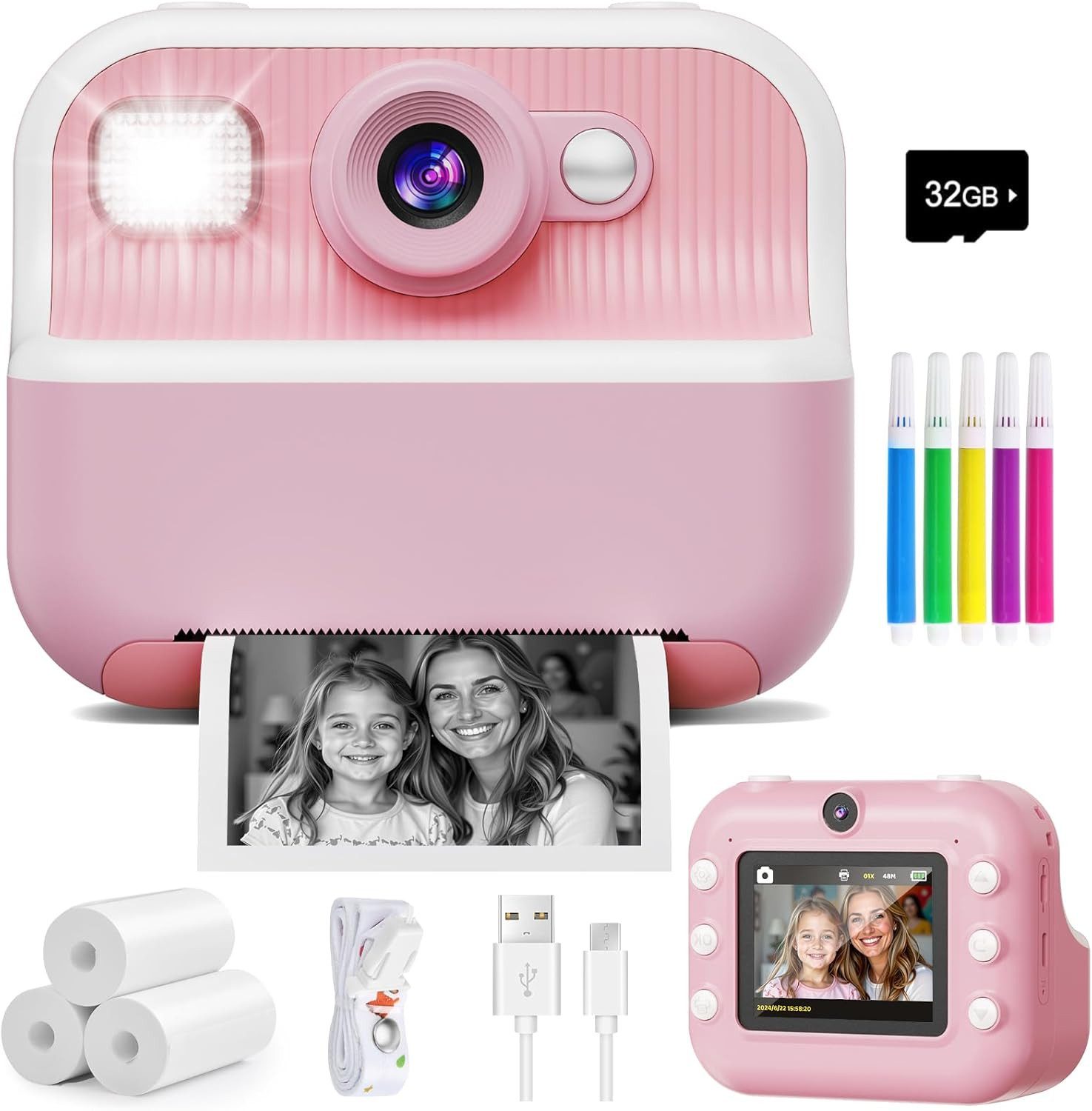 Coonoor Kinder Digitalkamera Kamera Spielzeug ab 3-12 Jahre Digitalkamera Sofortbildkamera (40 MP, 48MP 1080P, 2.4 Zoll Kamera Sofortdruck mit Druckpapier & 32GB Karte)