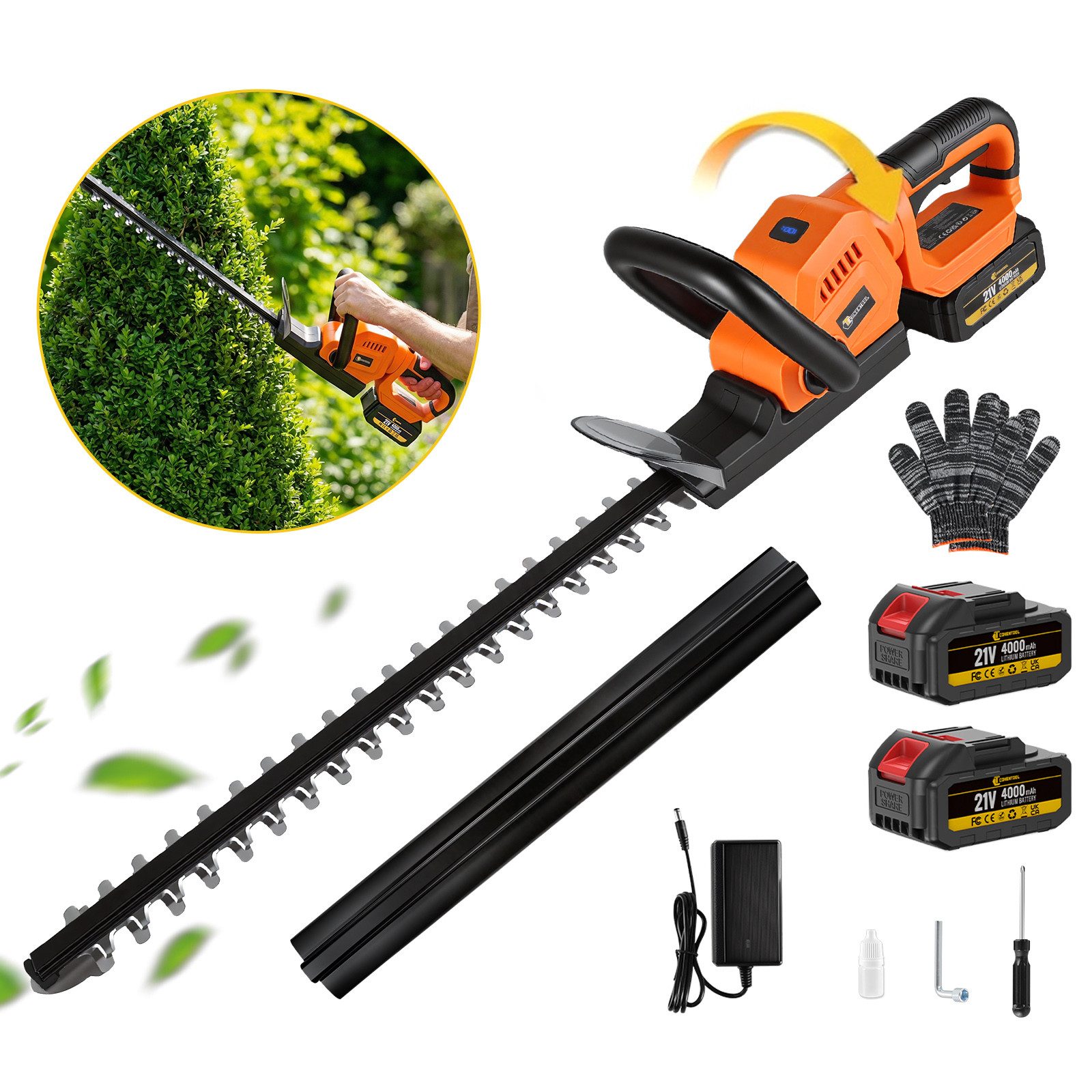 CONENTOOL Akku-Heckenschere 21V Bürstenlos Kabellos, 55 cm Schnittlänge, 2x 4,0Ah Akku, Drehbarer Kopf, Elektrischer Heckenschneider Profi Garten Set