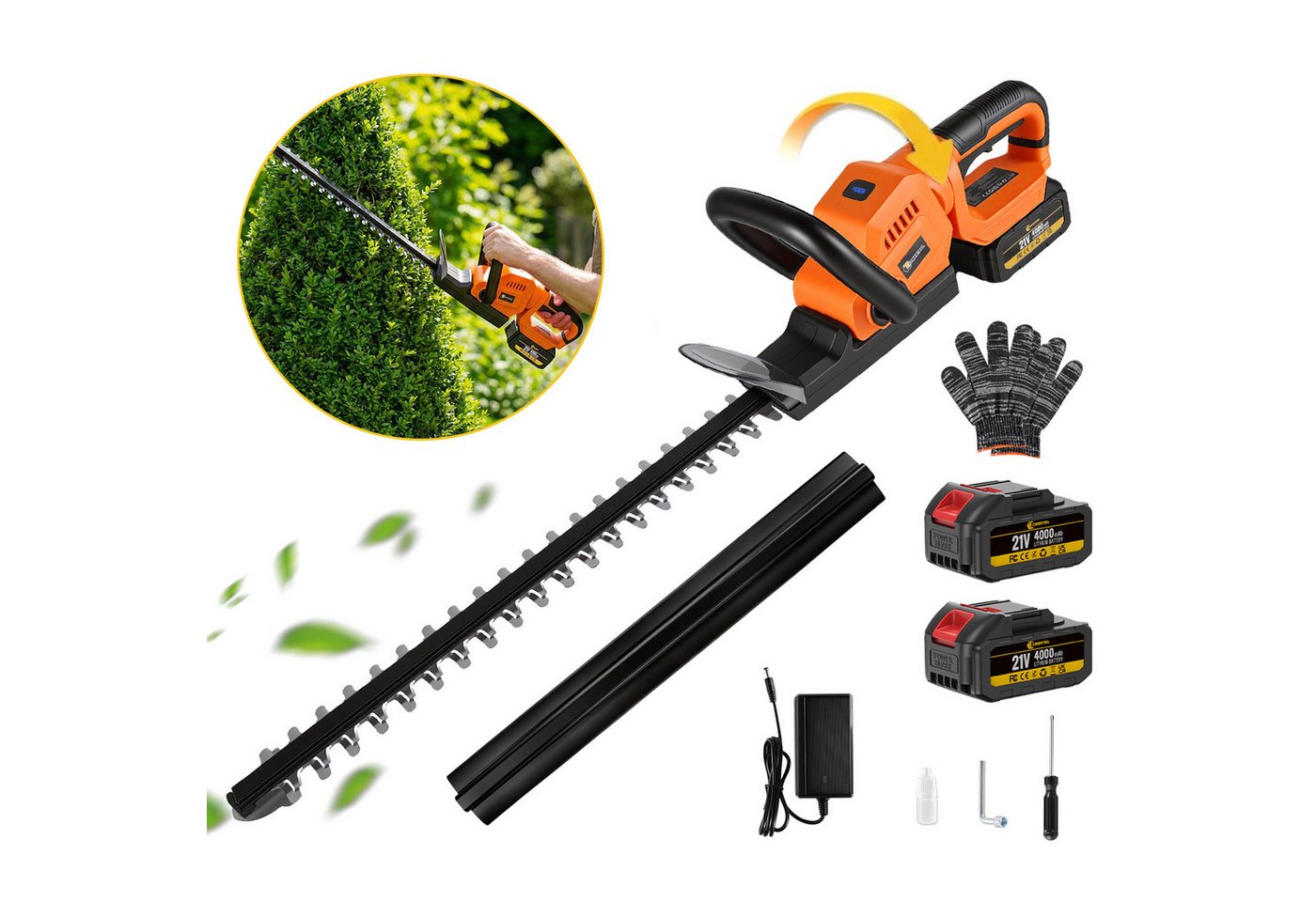 CONENTOOL Akku-Heckenschere 21V Bürstenlos Kabellos, 55 cm Schnittlänge, 2x 4,0Ah Akku, Drehbarer Kopf, Elektrischer Heckenschneider Profi Garten Set