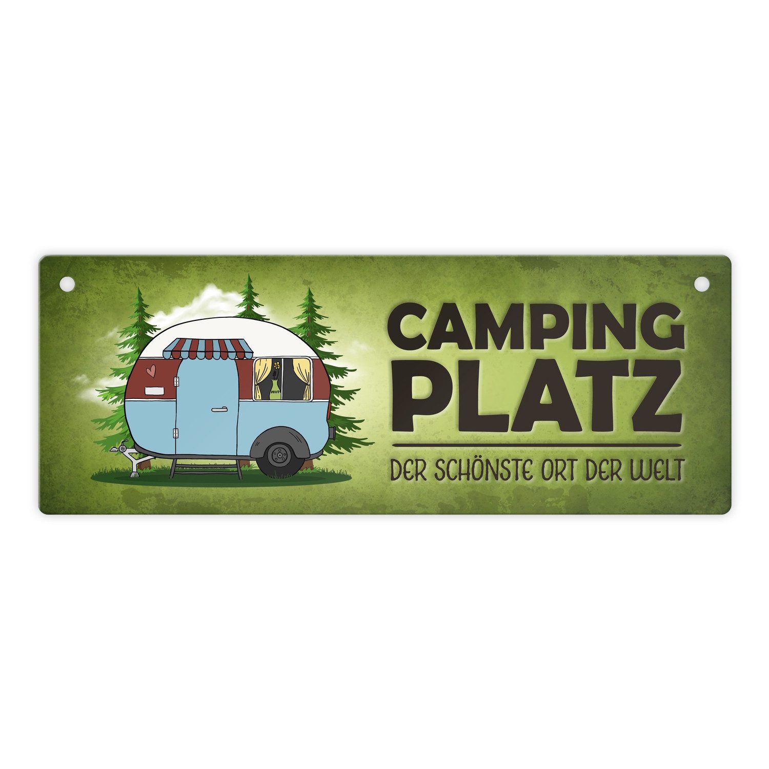 speecheese Metallschild Campingplatz Metallschild in grün mit Wohnwagen Motiv Wohnmobil Hobby