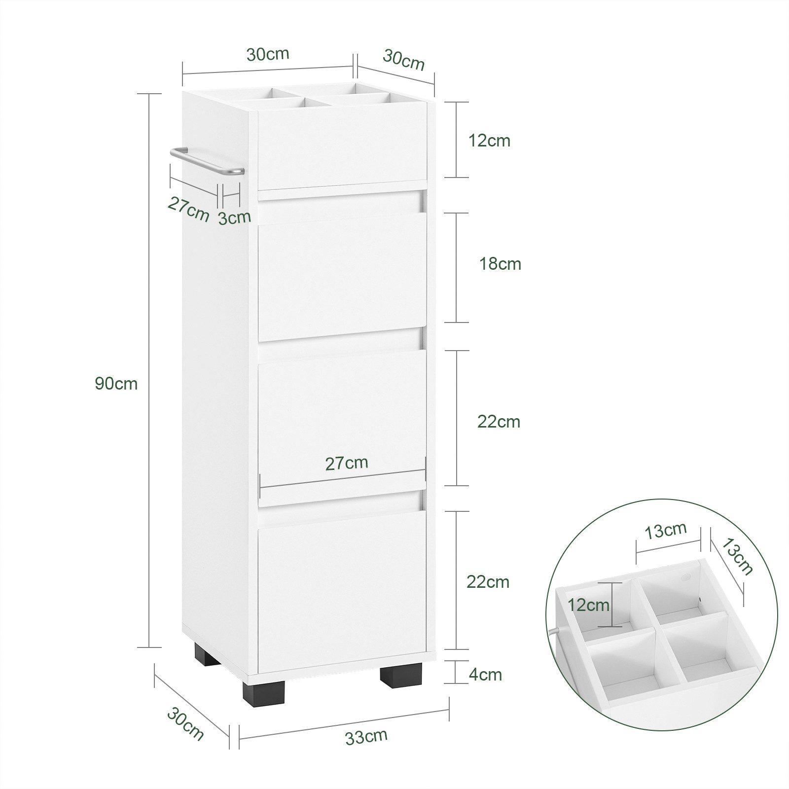 SoBuy Midischrank BZR29, Badschrank schmal, Badezimmerschrank Badkommode Beistellschrank Midischrank Kommode mit 3 Schubladen und 4 Fächern, Badezimmer