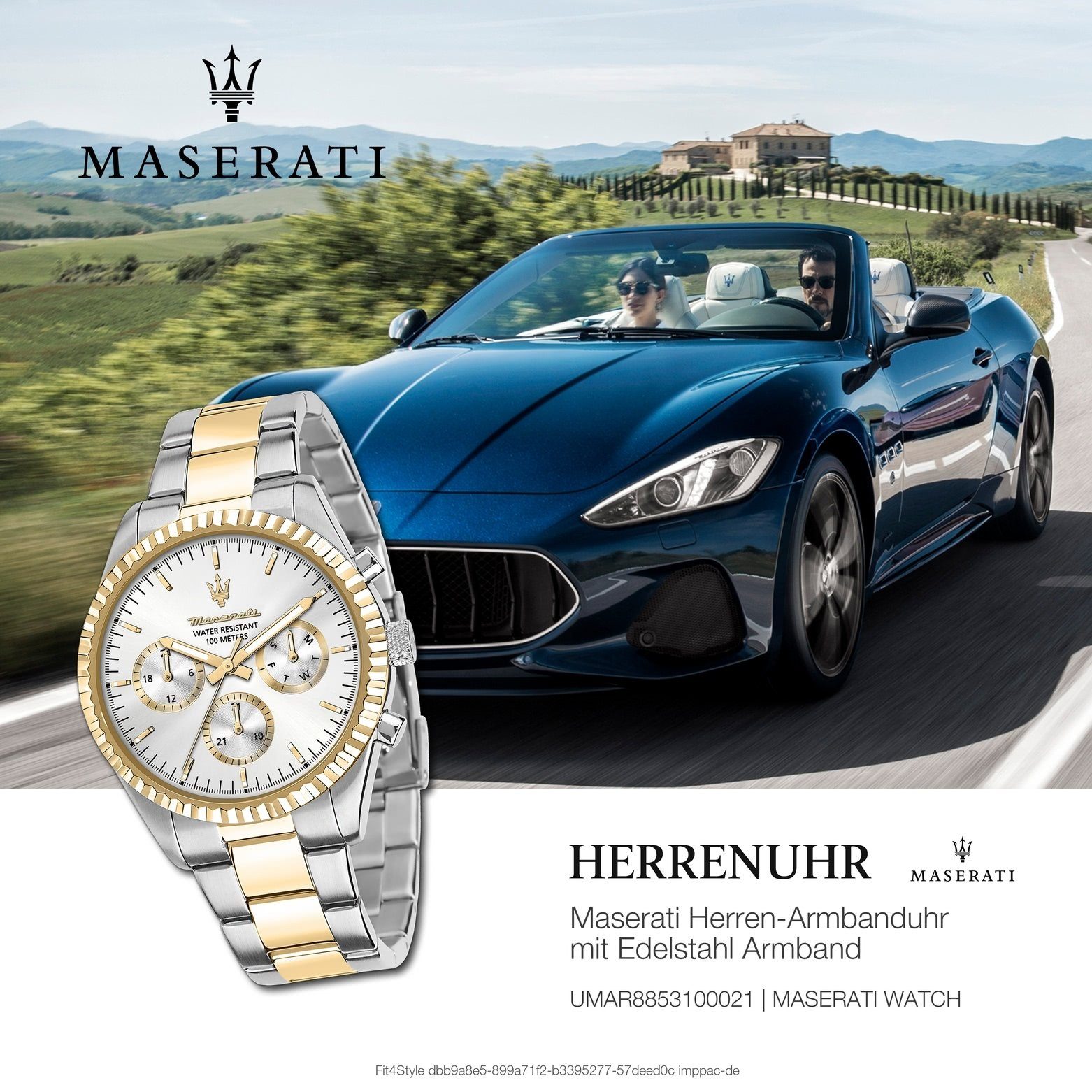 Edelstahlarmband, weiß Made-In (ca. 51,5x43mm) Herrenuhr Italy groß MASERATI rund, gold, Maserati COMPETIZIONE, Multifunktionsuhr Herrenuhr