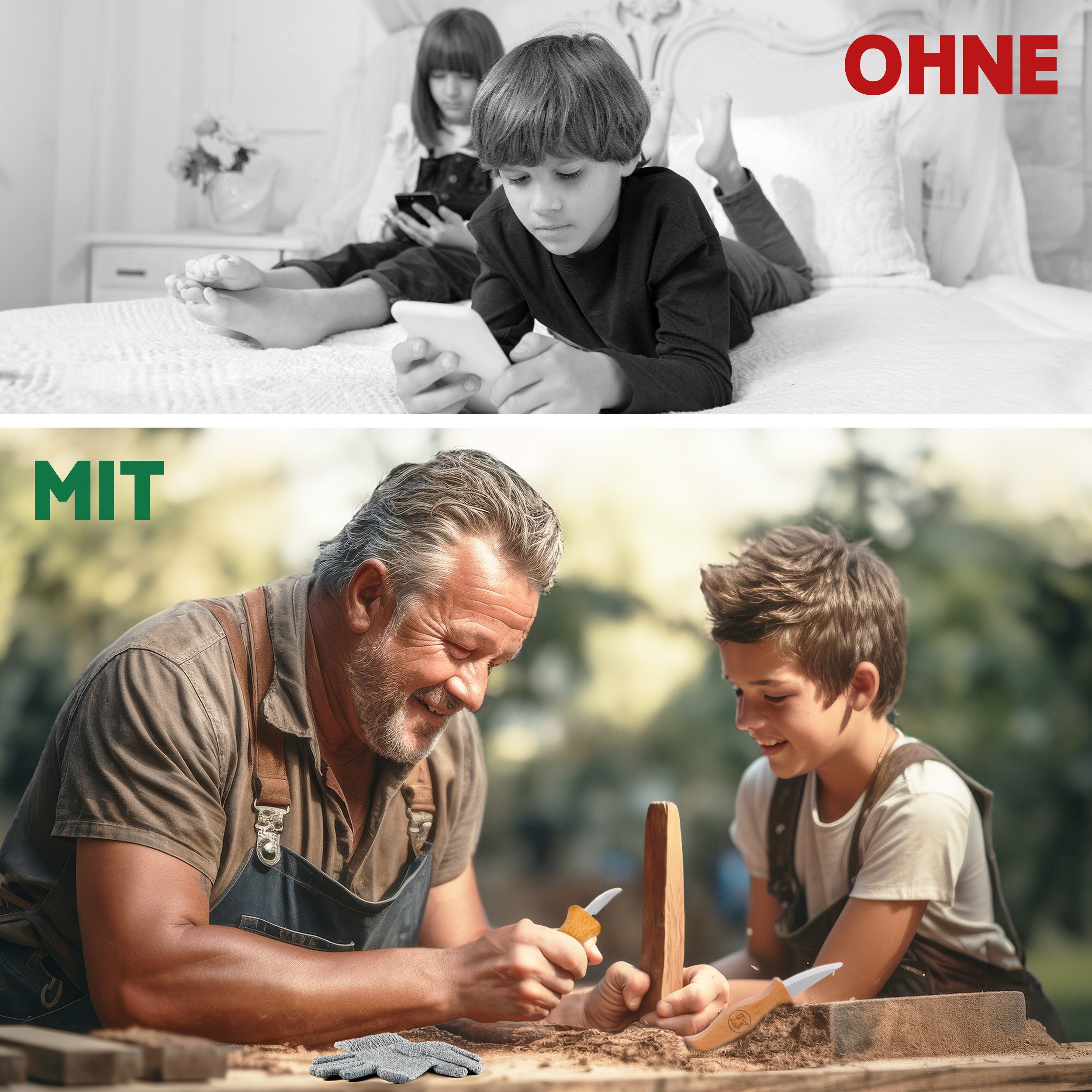 Eli Taschenmesser Schnitzmesser Kinder - Kindermesser - Schnitzset - Kindertaschenmesser, (Schnitzwerkzeug - Outdoor Messer, 15 St., Kinderschnitzmesser - Griffe aus Buchenholz), inkl. schnittfeste Handschuhe - Beidhändig - rostfreier Stahl