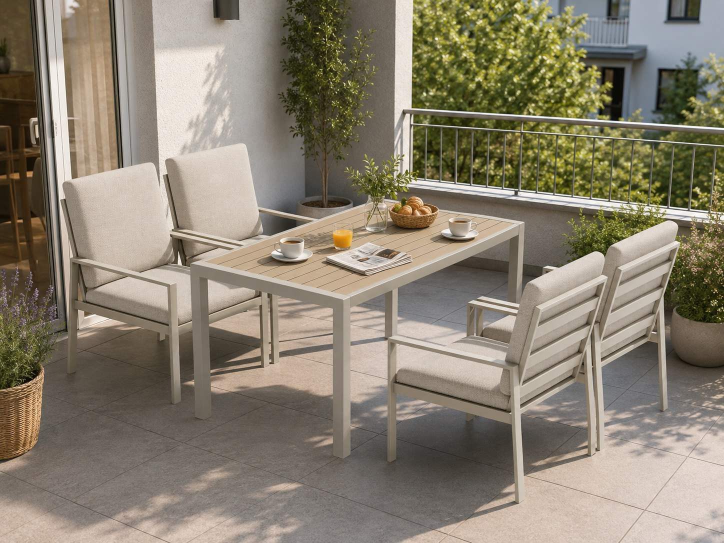 MeXo Gartenlounge-Set Gartenmöbel Set Aluminium Outdoor, (Garten-Essgruppe für 4 Personen, 5-tlg., mit Polywood Tisch & Auflagen), wetterfest für Terrasse & Garten