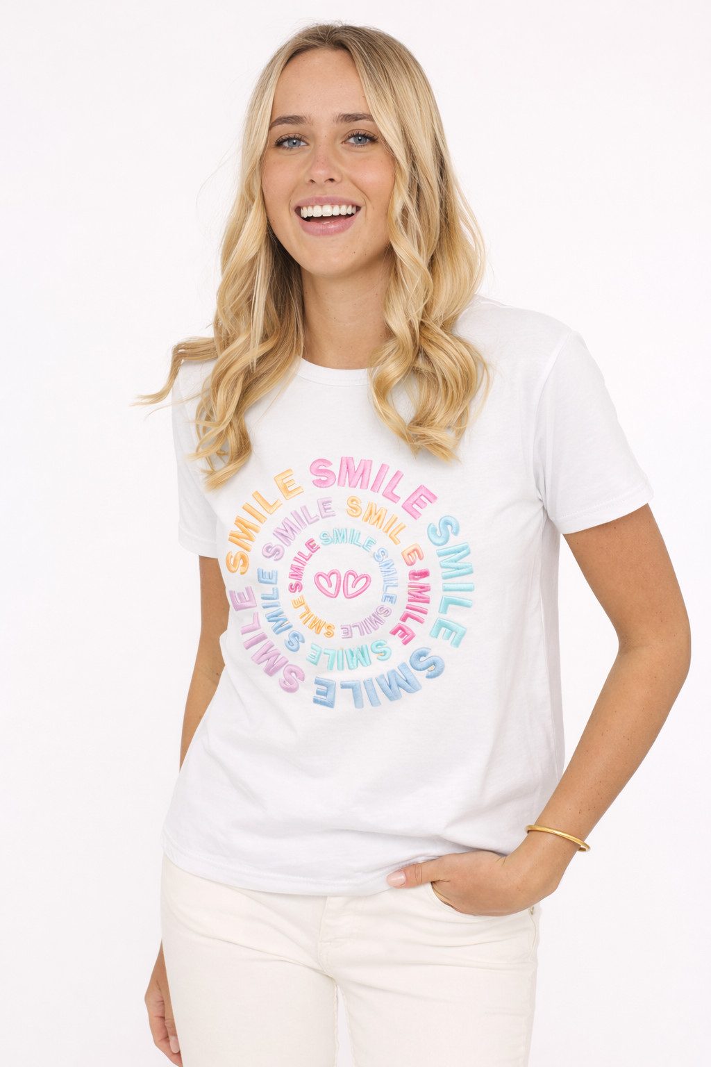 Zwillingsherz T-Shirt "Smile" Farbenfrohe runde Stickerei, Rundhals, kurzarm
