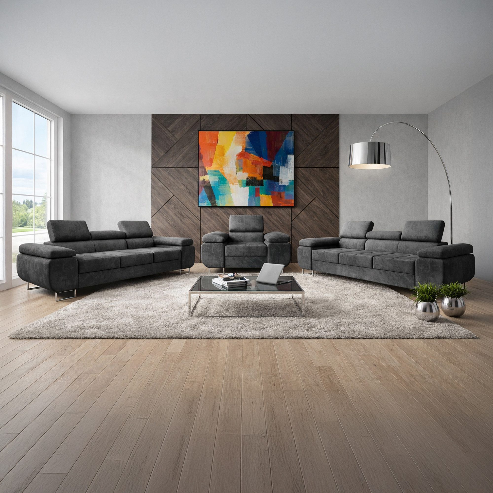 M-Punkt24 Polstergarnitur Sofa Wohnlandschaft DUBAI, (3-3-1, mit Bettfunktion, XL Sofa-Set, Bigsofa, Samt, Anthrazit, Grau), Bestehend aus 3-Sitzer mit Bettfunktion, Sessel