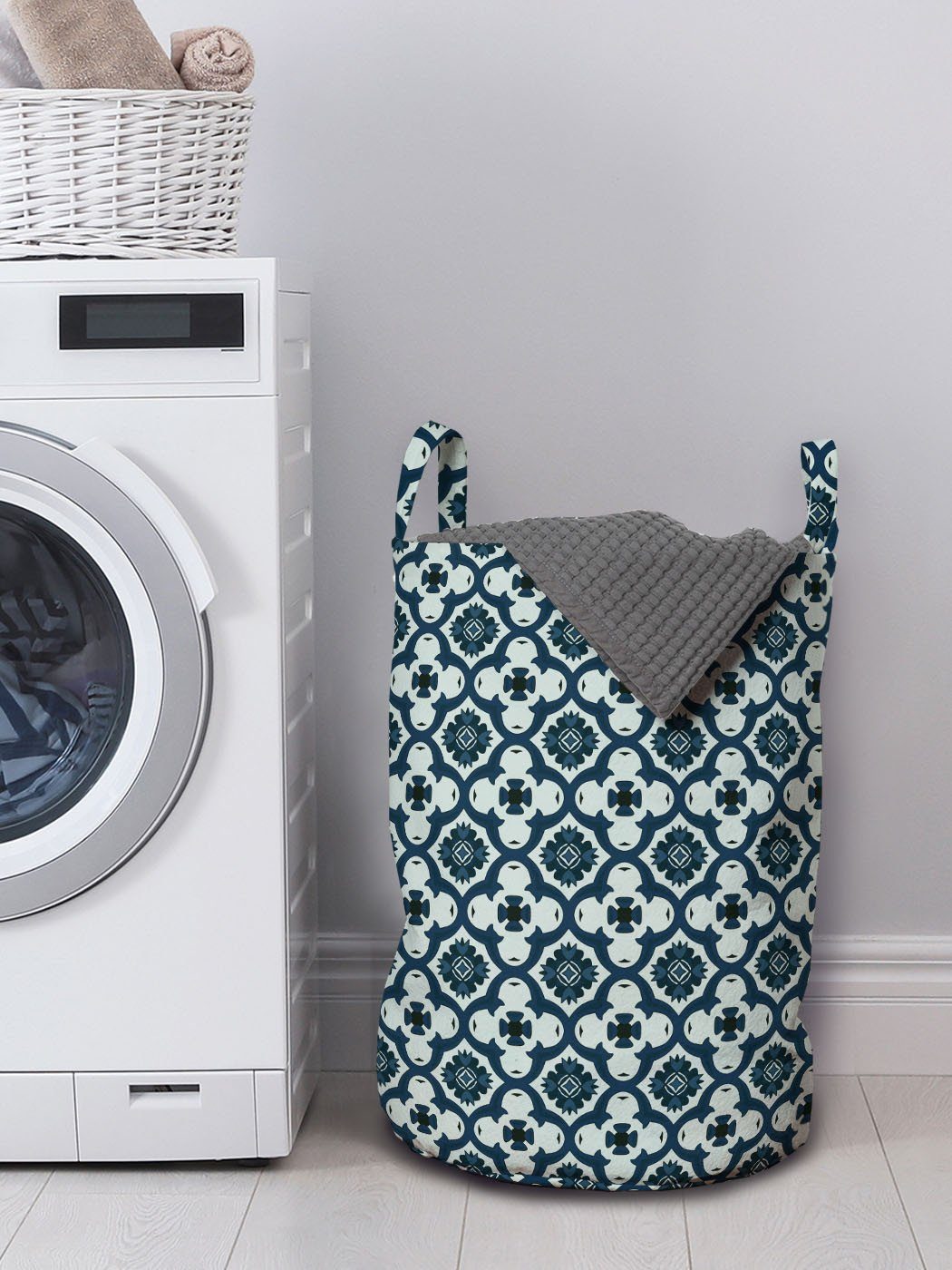 Waschsalons, Blau Floral Kordelzugverschluss Azulejo Abakuhaus Griffen Motiv und für Wäschesäckchen Grau Wäschekorb mit