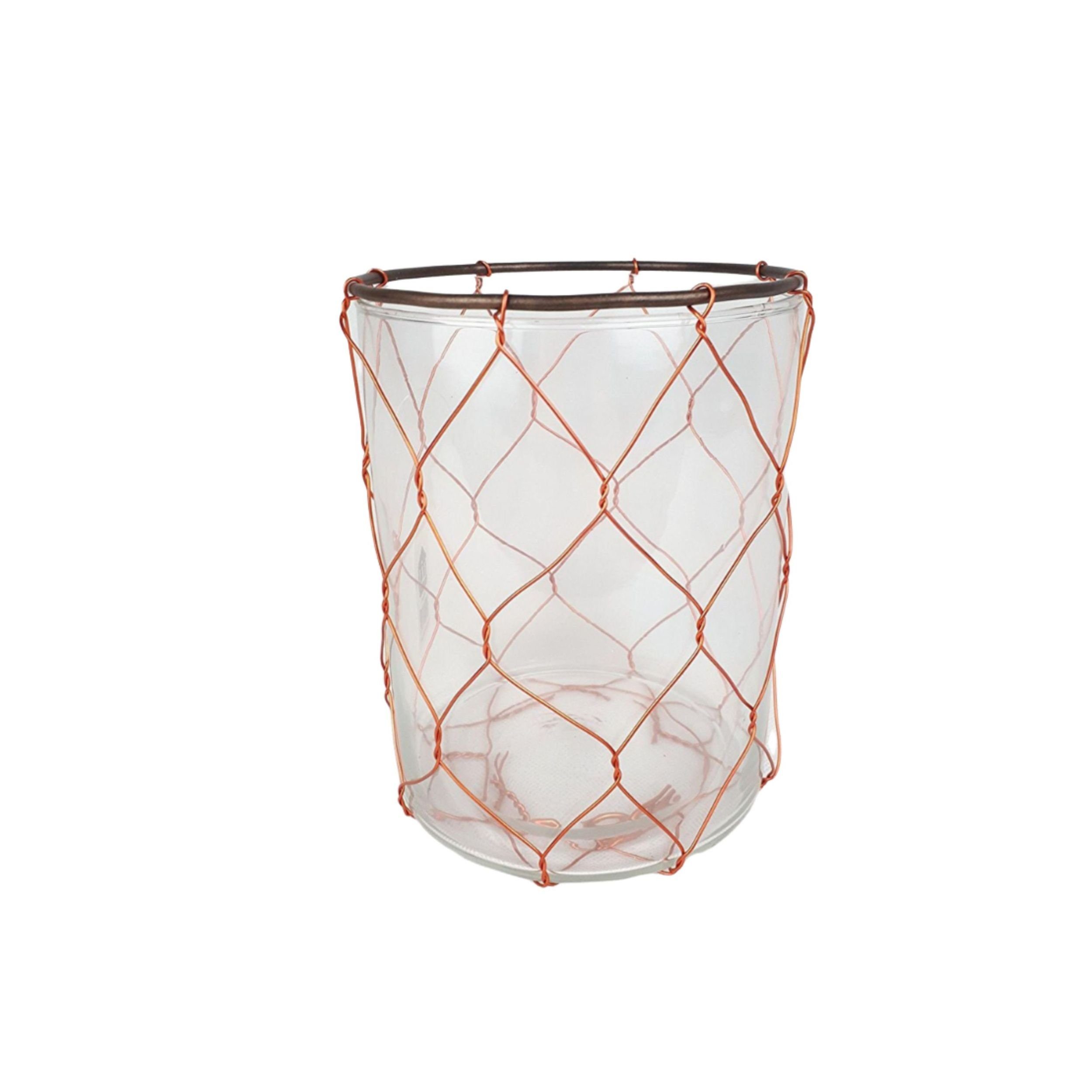 DekoTown Windlicht Windlicht Glas, 16 cm, Kupferdraht, Metallrand, stilvolle Dekoration