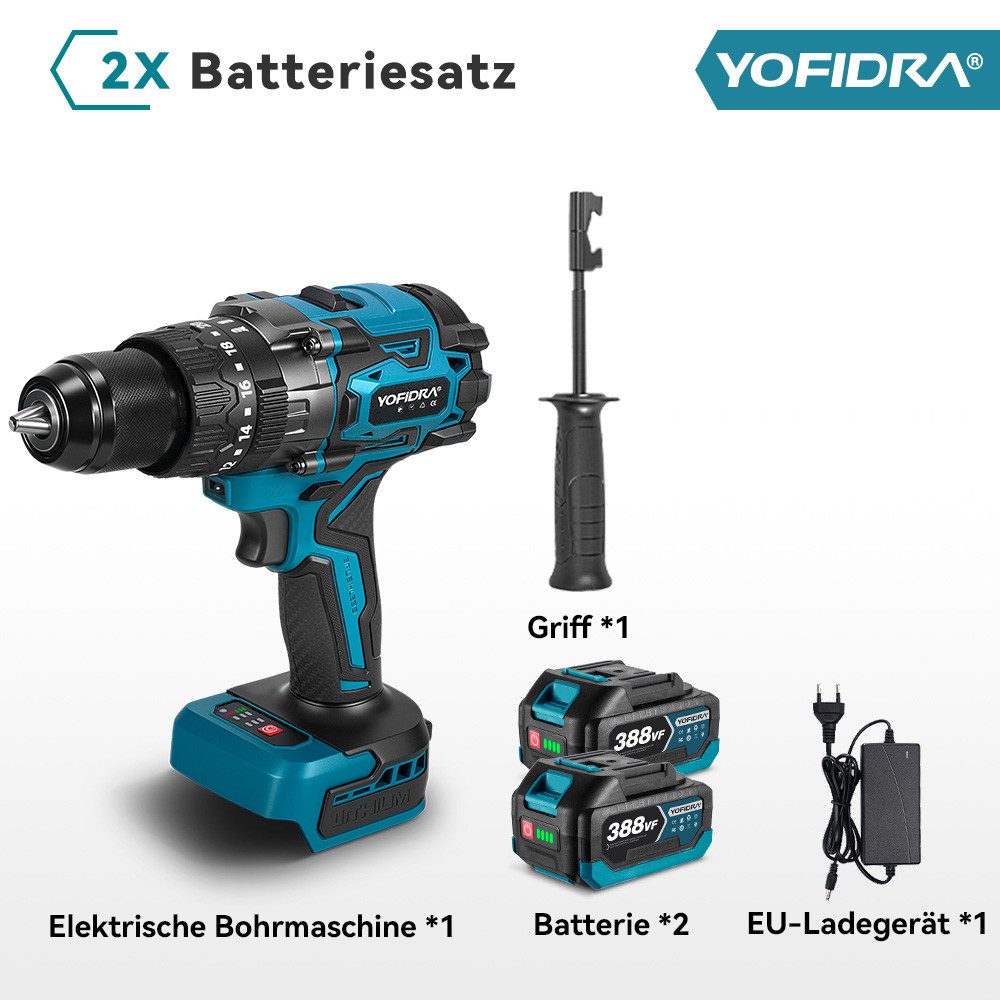 Yofidra Akku-Schlagbohrmaschine 21V Bohrschrauber mit 2x Akkus, 260 N.m Schlagbohrschrauber, max. 3200 U/min, 13 mm Metallbohrfutter, 2-Gang zum Schlagen, Bohren & Schrauben
