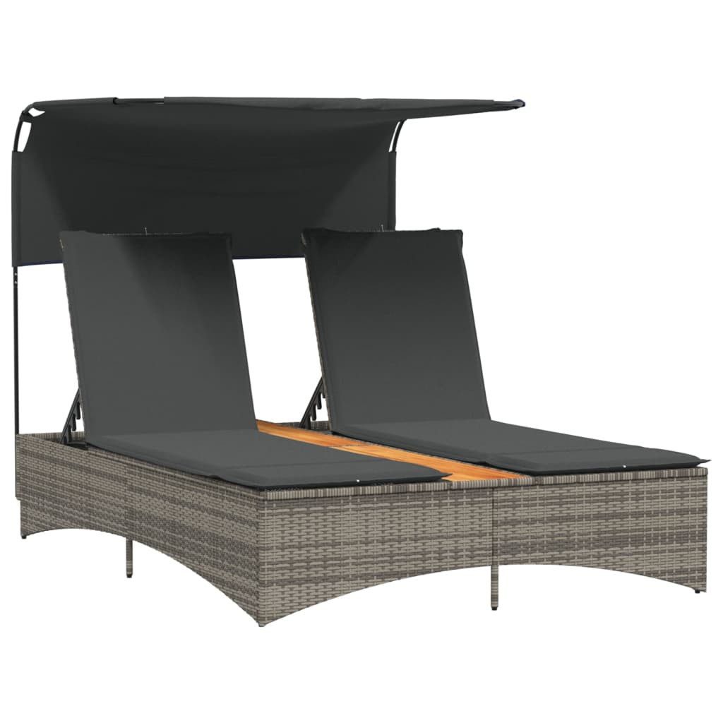 vidaXL Gartenliege Doppel-Sonnenliege mit Dach und Auflagen Grau Poly Rattan, 1 St.