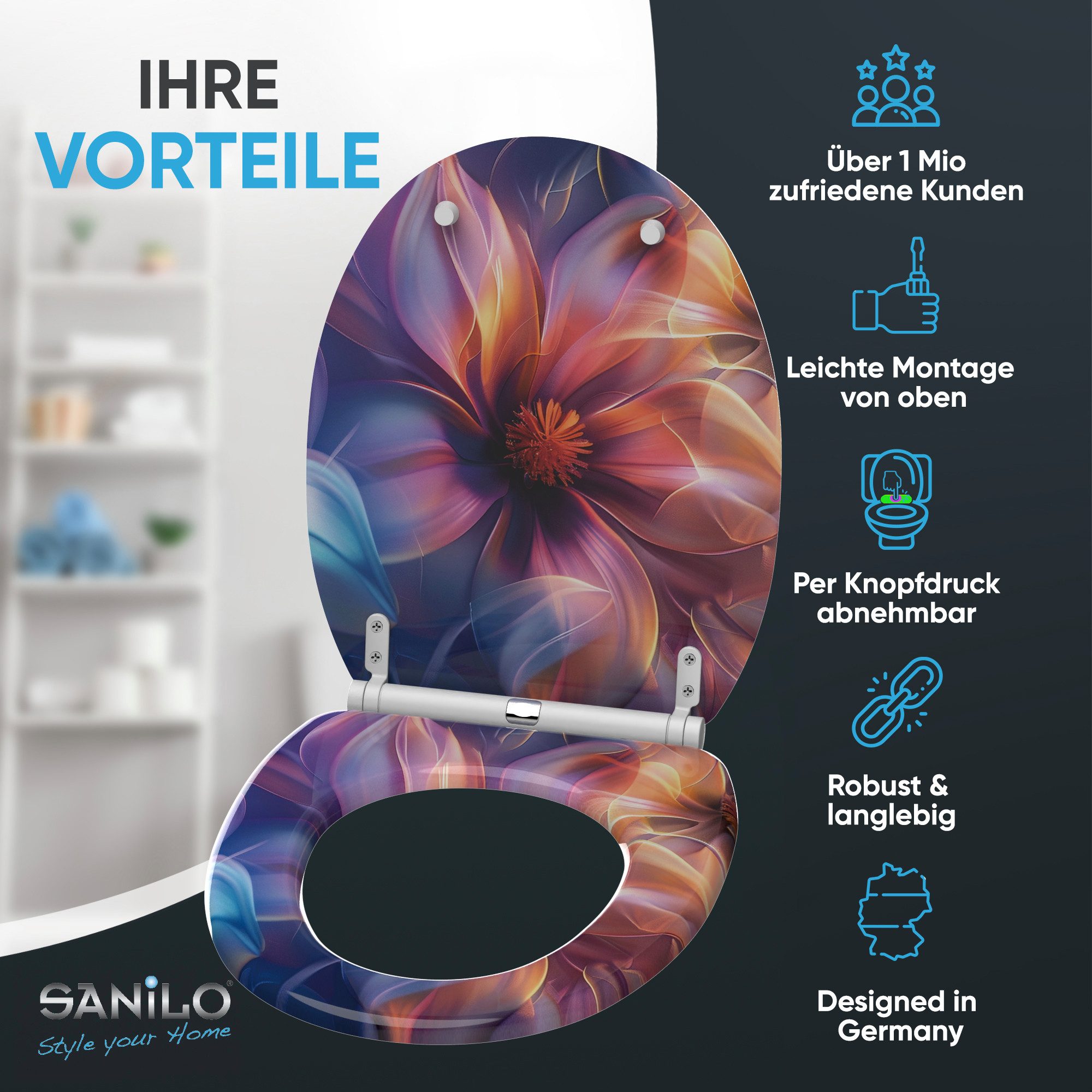 Sanilo WC-Sitz mit Absenkautomatik & Top Fix in vielen Designs, hochwertig, abnehmbar, leichte Montage von oben, mit Schraubenzieher