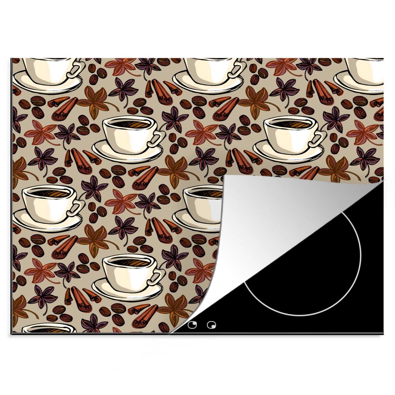 MuchoWow Herdblende-/Abdeckplatte Kaffee - Zimt - Muster, Vinyl, (1 tlg), 60x52 cm, Mobile Arbeitsfläche nutzbar, Ceranfeldabdeckung