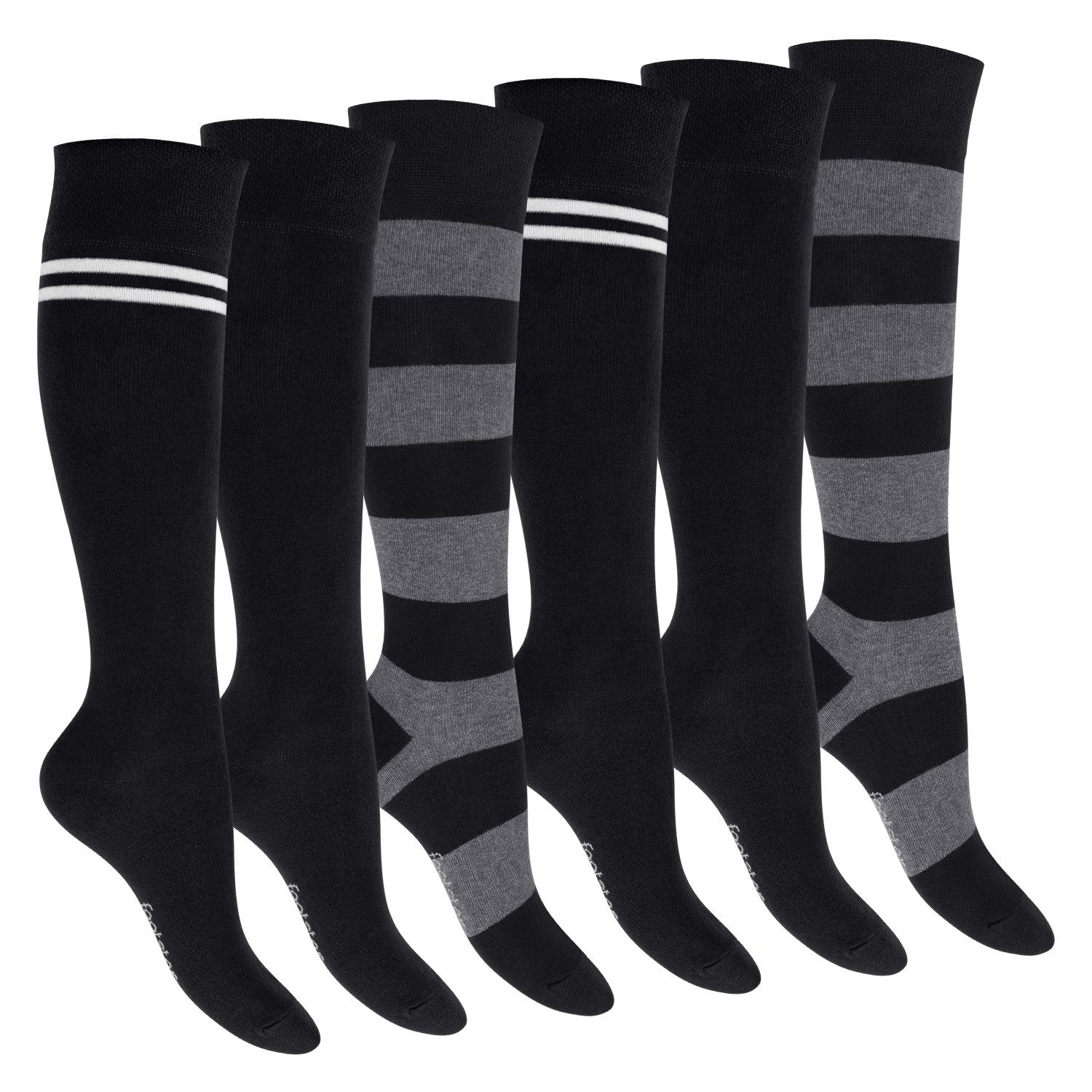 Footstar Langsocken Damen Kniestrümpfe geringelt (6 Paar) Schwarz | Socken