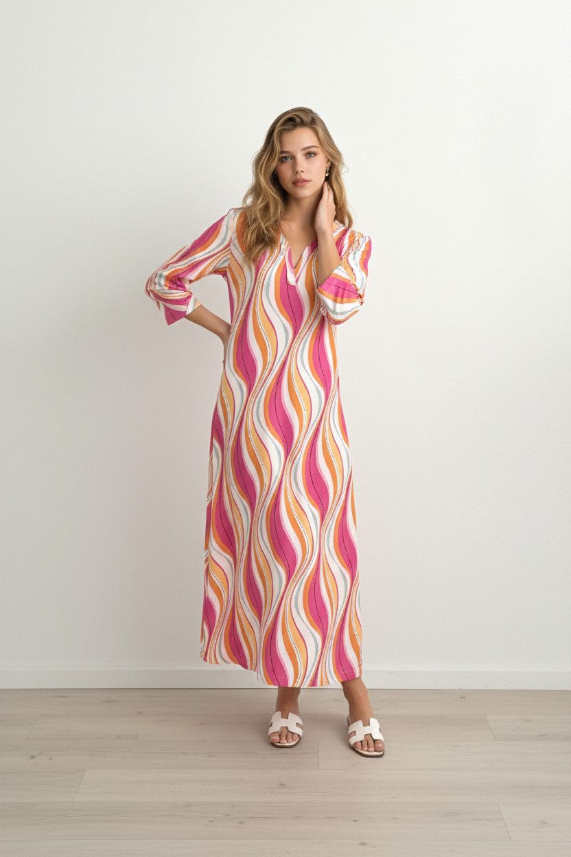 Zuckerwatte Druckkleid mit 3/4 Ärmel aus fließender Viskose