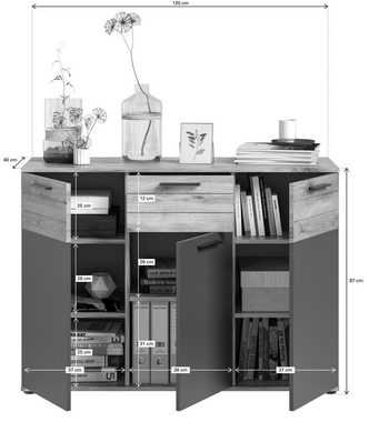 furnling Kommode Moskau, 120 x 87 x 40 cm, in Eiche/Grau mit Softclose-Funktion, Sideboard