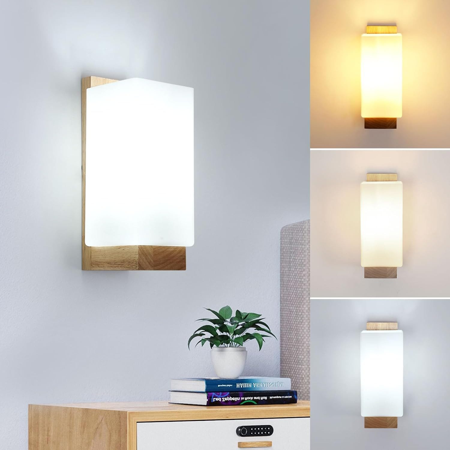 Riserva Wandleuchte Skandinavische Wandlampe Holz Glas, 12W 3-Stufen Licht, E27