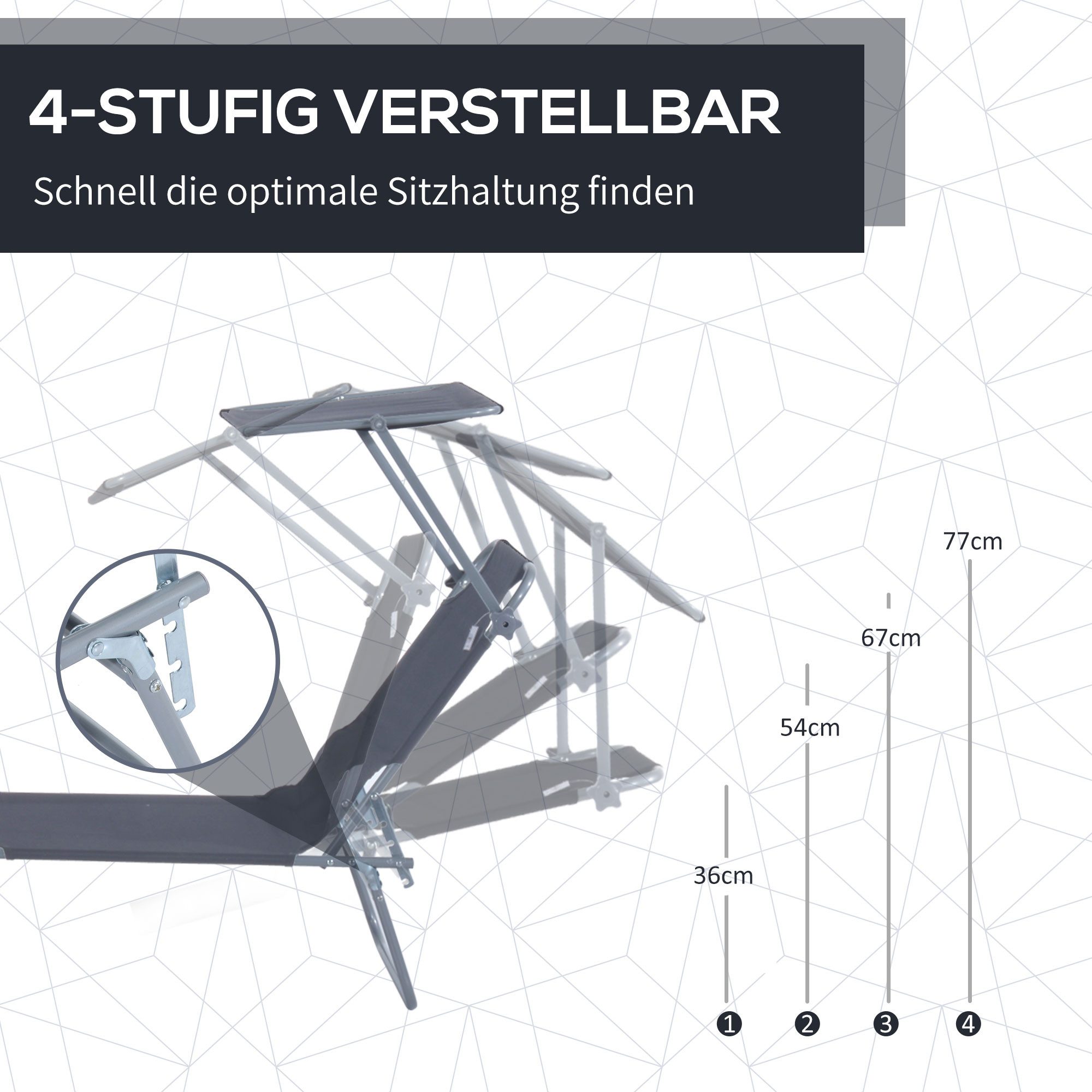 OKWISH Gartenliege Klappbare Sonnenliege 187x58x36cm in Grau mit Sonnenschutz, Packung, 1 St., Gartenliege & Liegestuhl für Strand & Terrasse, Leichte & wetterfeste Relaxliege für entspannte Stunden im Freien