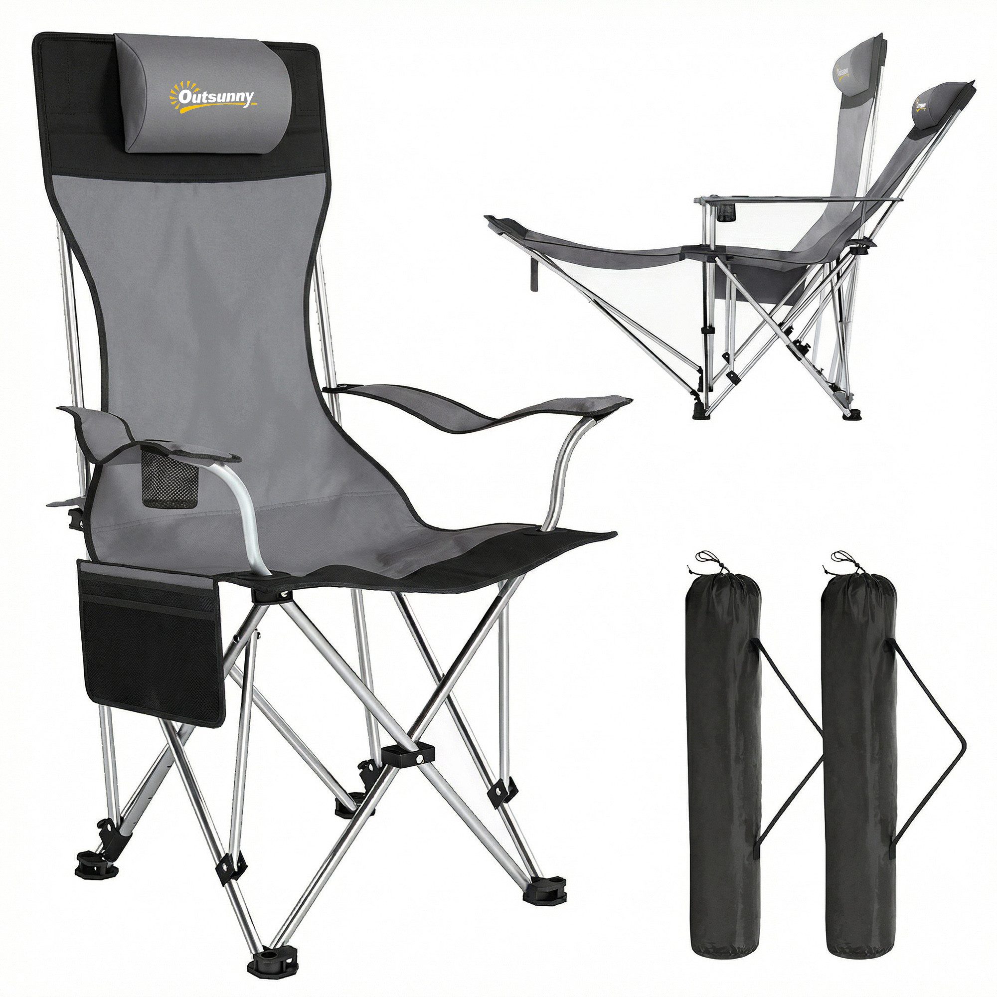 Outsunny Klappstuhl Angelstuhl mit abnehmbare Fußablage, Getränkehalter Liegestuhl (Campingstuhl, 2 St), belastbar 120 kg