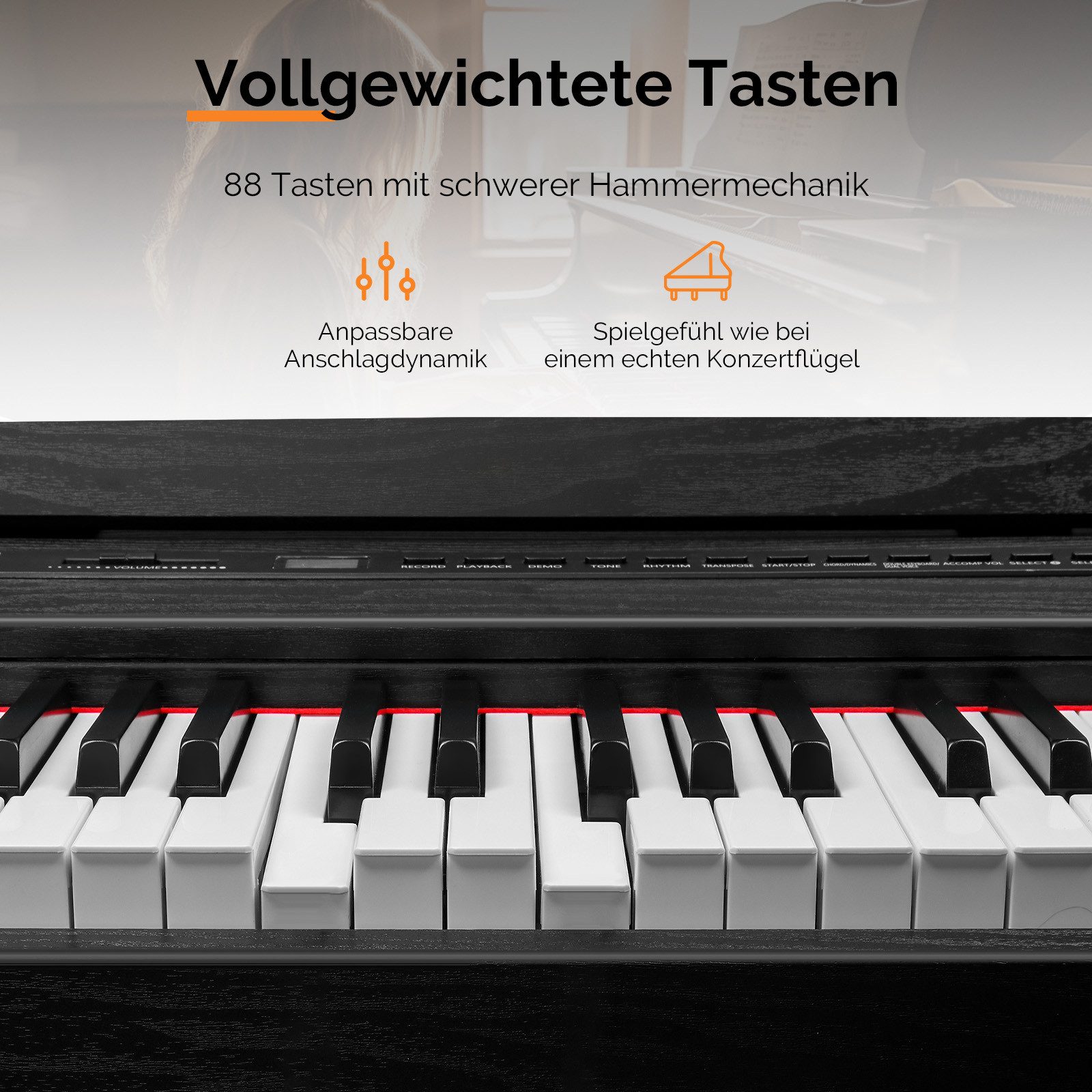 VINGLI Digitalpiano GDP-104 E Piano 88 Tasten, vollgewichtete Tastaturen, Dual Bluetooth, Digitalpiano mit Klavierständer, Weiß/Schwarz/Schwarznussbraun – Bild 5 von 5