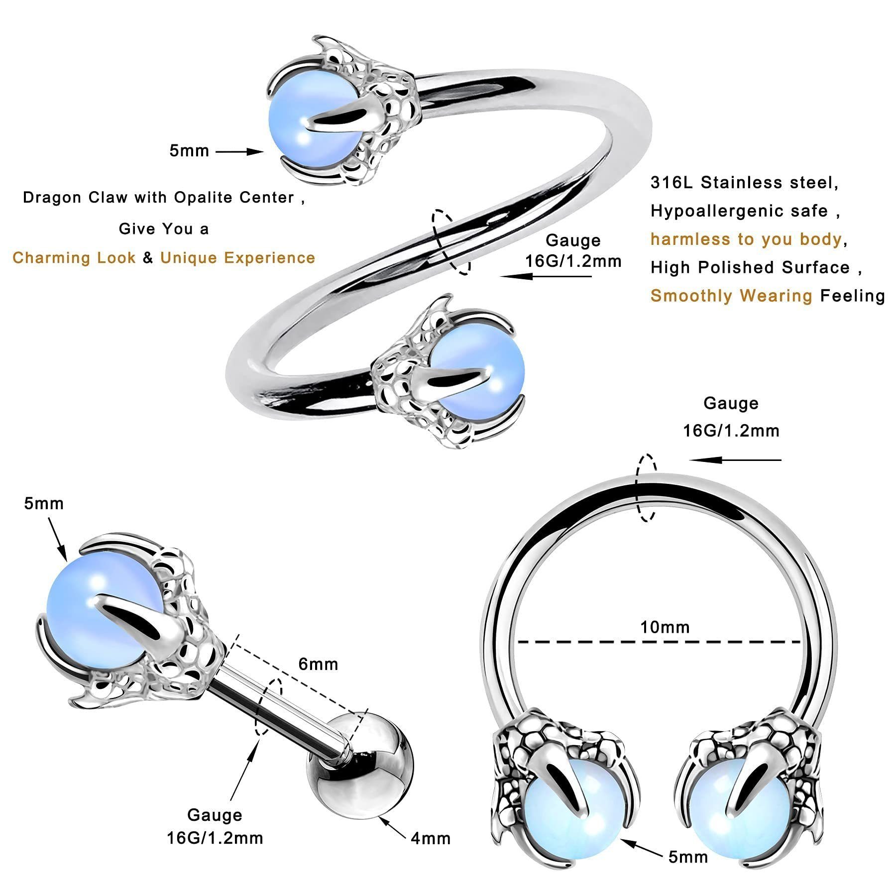 Damen Herren, Lippen,Bauchnabel, Helix-Ohrring für 316L-Edelstahl, aus Piercing-Set für Ohrring Haiaveng Drachenkralle Knorpel, and