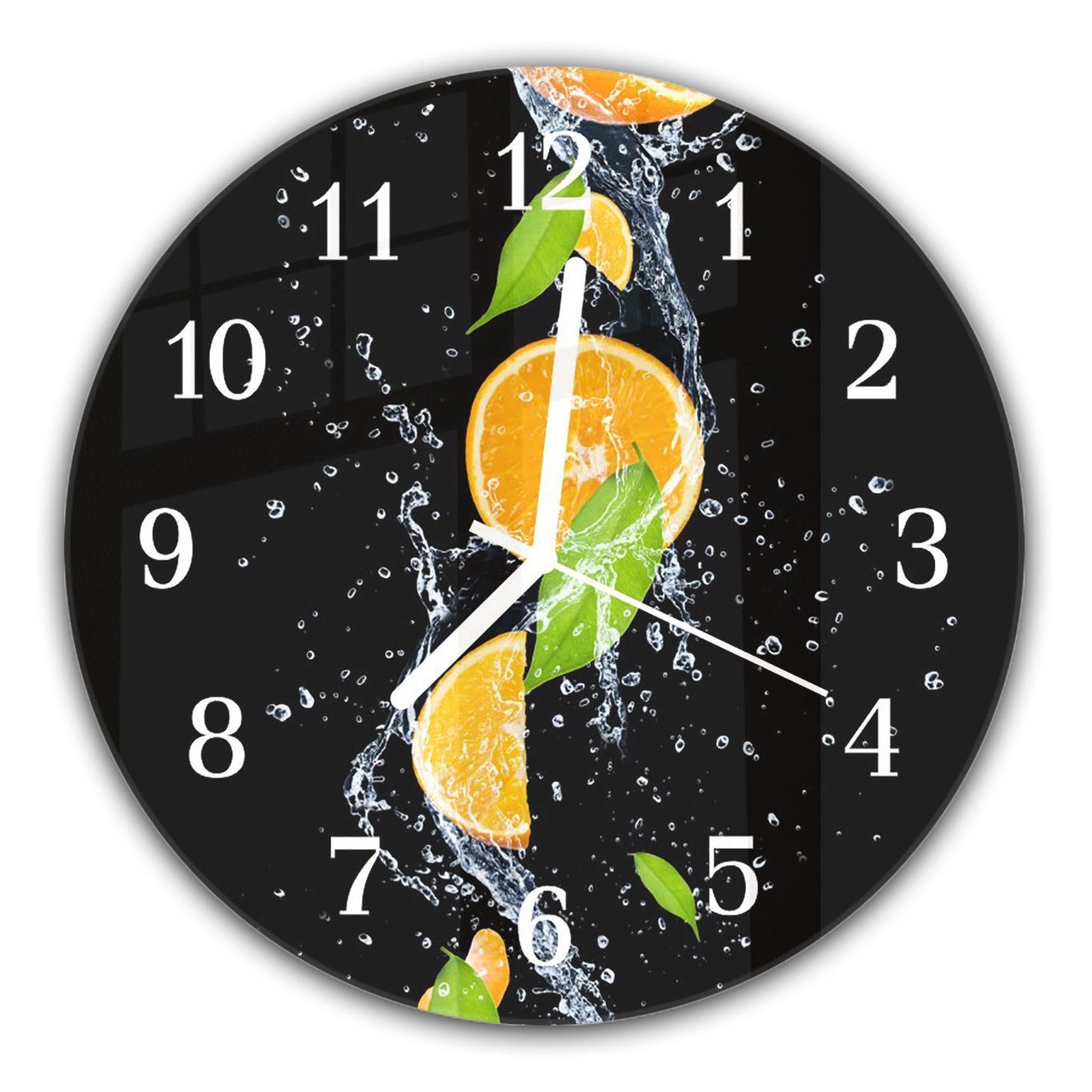Primedeco Wanduhr Wanduhr aus Glas mit Motiv Orangen im Wasser Splash - Rund mit Durchmesser 30 cm und Quarzuhrwerk