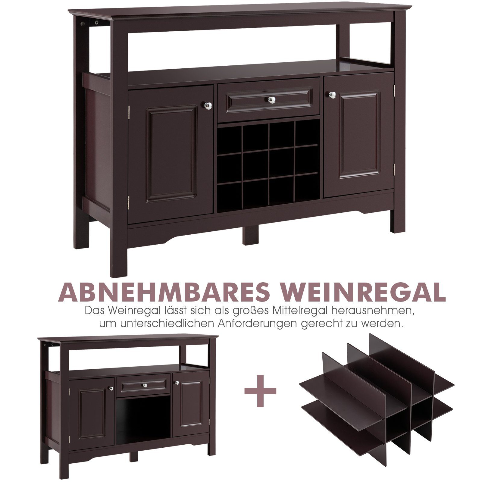 COSTWAY Konsolentisch, mit Türen&Schubladen, Weinregal Braun für 117cm Fächern, 12