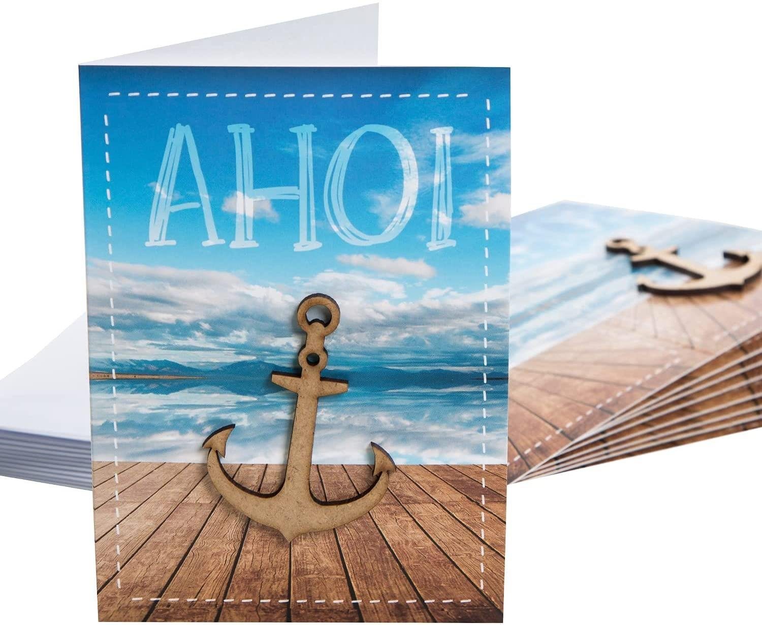 Logbuch-Verlag Klappkarte 10er Set Grußkarten AHOI mit Holzanker und Kuvert