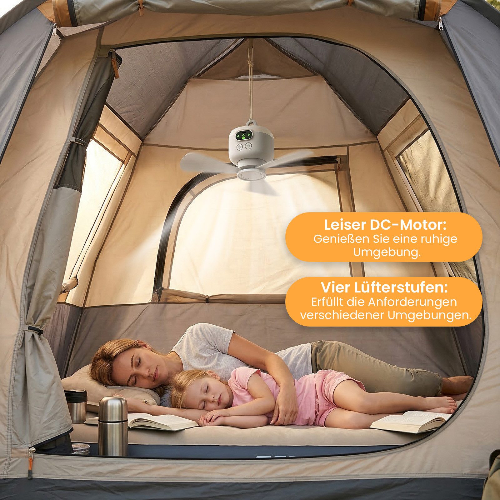 Rosnek Deckenventilator mit Beleuchtung Camping, tragbar, mit Fernbedienung/LED/Haken, Akku, 4 Stufen, 8000mAh Akku, 10h Laufzeit, Balkon Camping RV